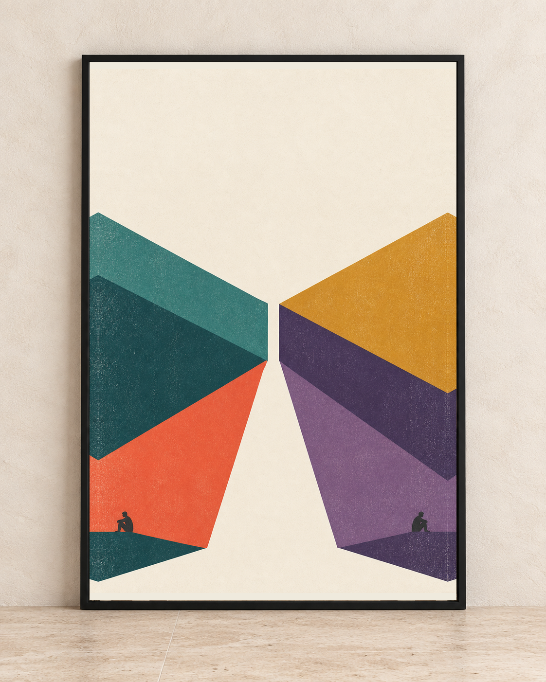 Opposing teal, coral and violet folded chevrons nearly meeting across a cream gap that widens downward.