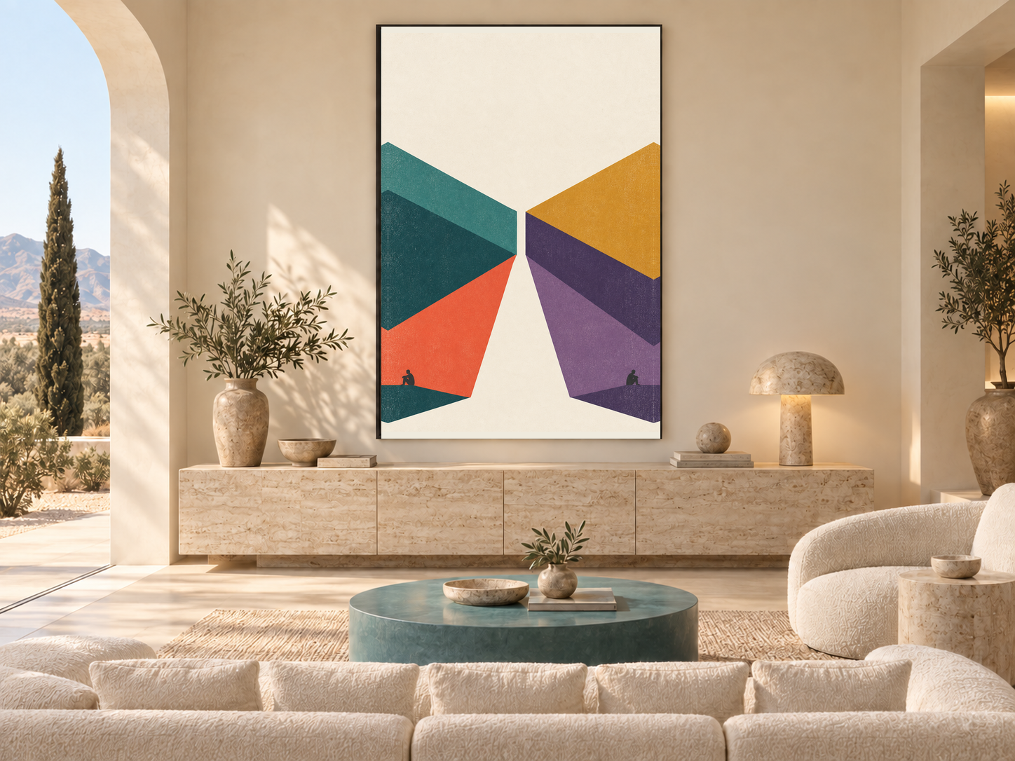 Living room with opposing teal, coral and violet folded chevrons nearly meeting across a cream gap that widens downward.