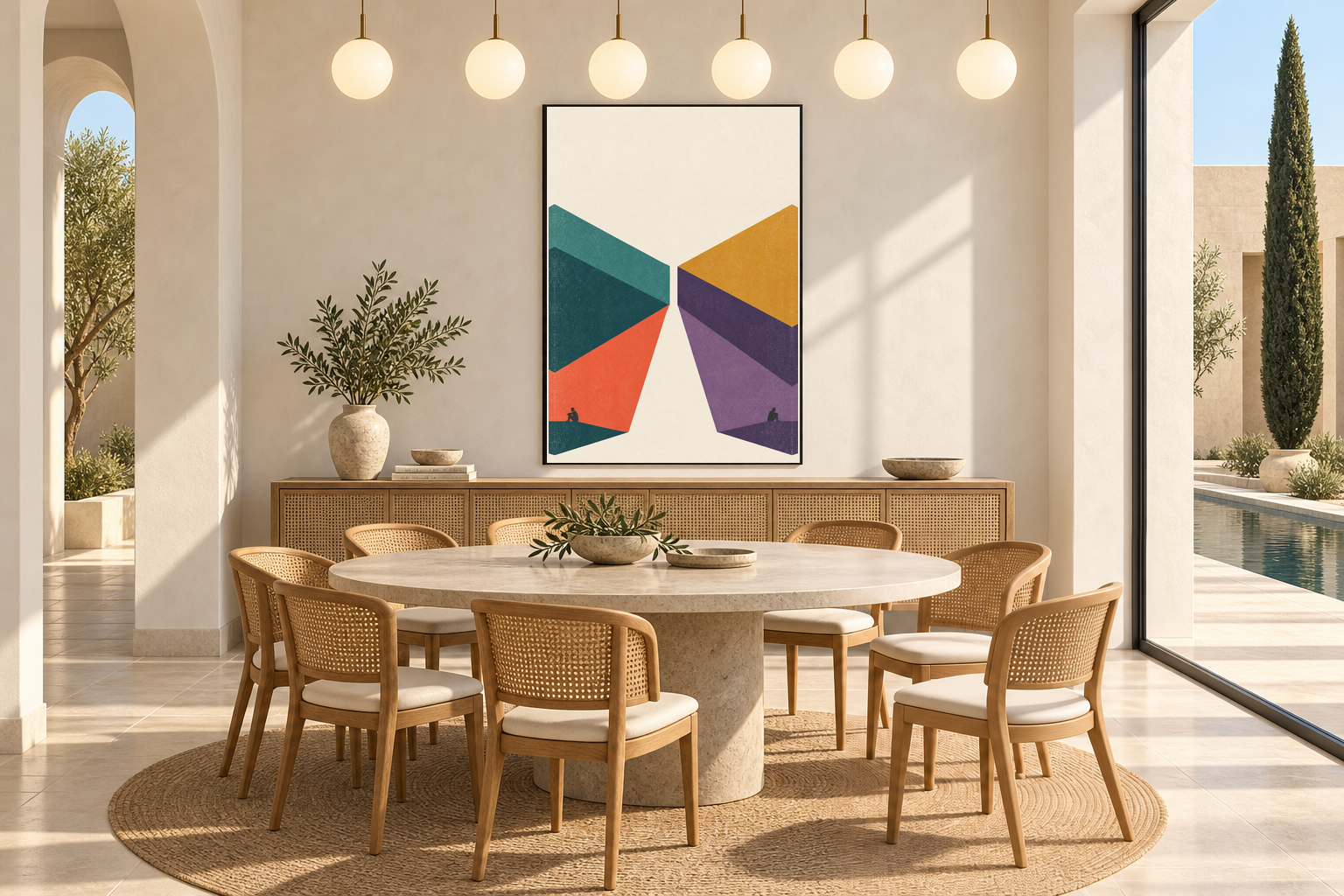 Dining room with opposing teal, coral and violet folded chevrons nearly meeting across a cream gap that widens downward.