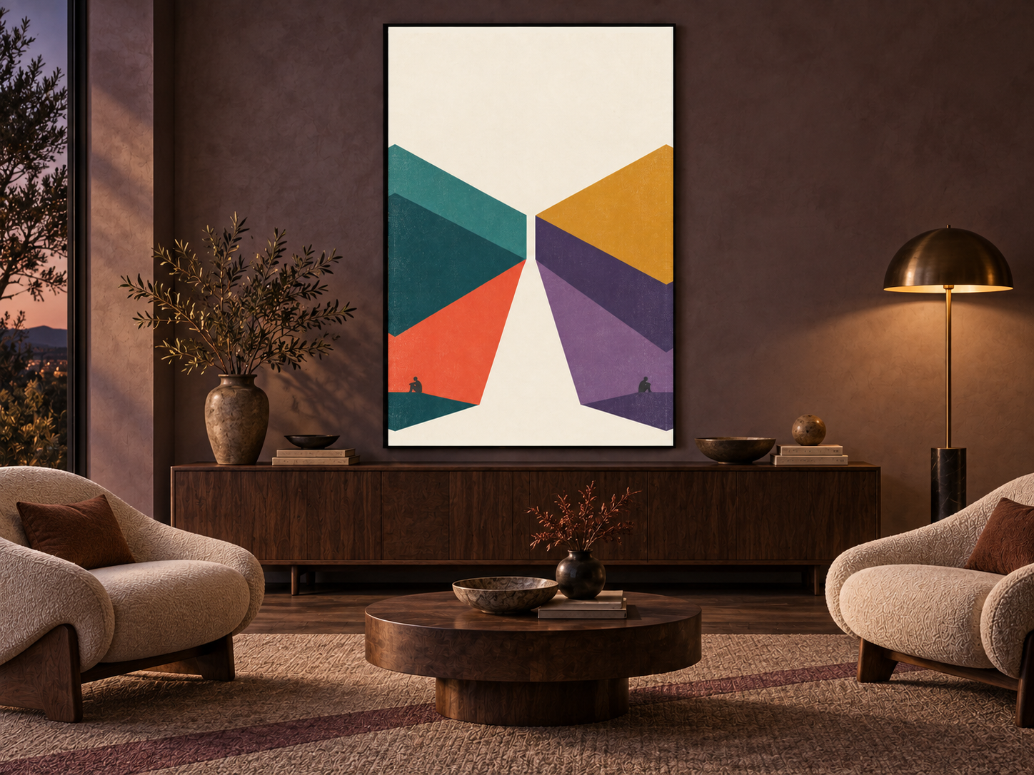 Evening conversation room with The Gap Grows Closer framed between two chairs and a widening wedge woven into the rug.