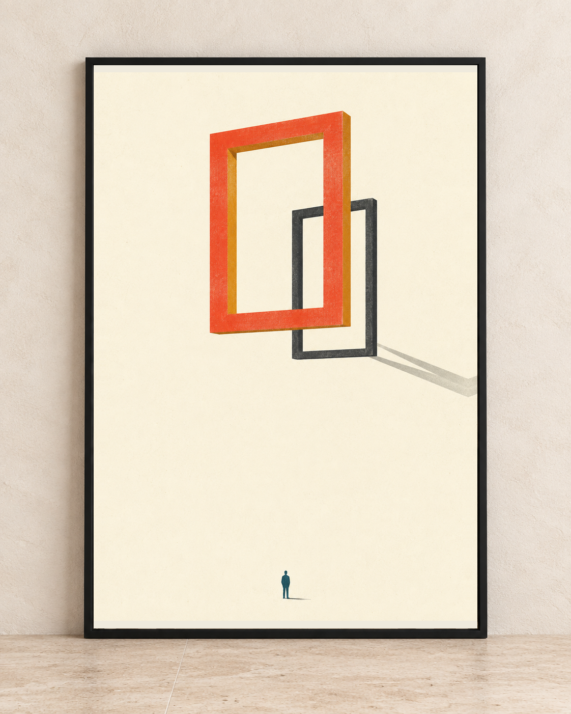 Large coral and ochre rectangular frame floating before a displaced charcoal frame with a long diagonal shadow.