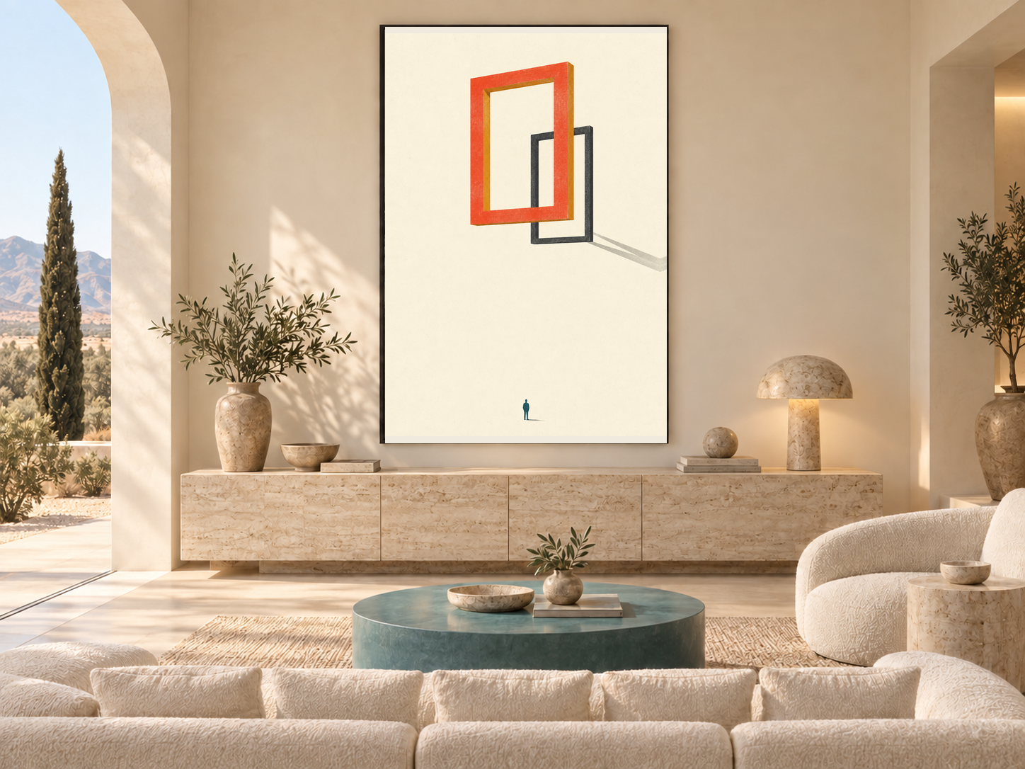 Living room with large coral and ochre rectangular frame floating before a displaced charcoal frame with a long diagonal shadow.