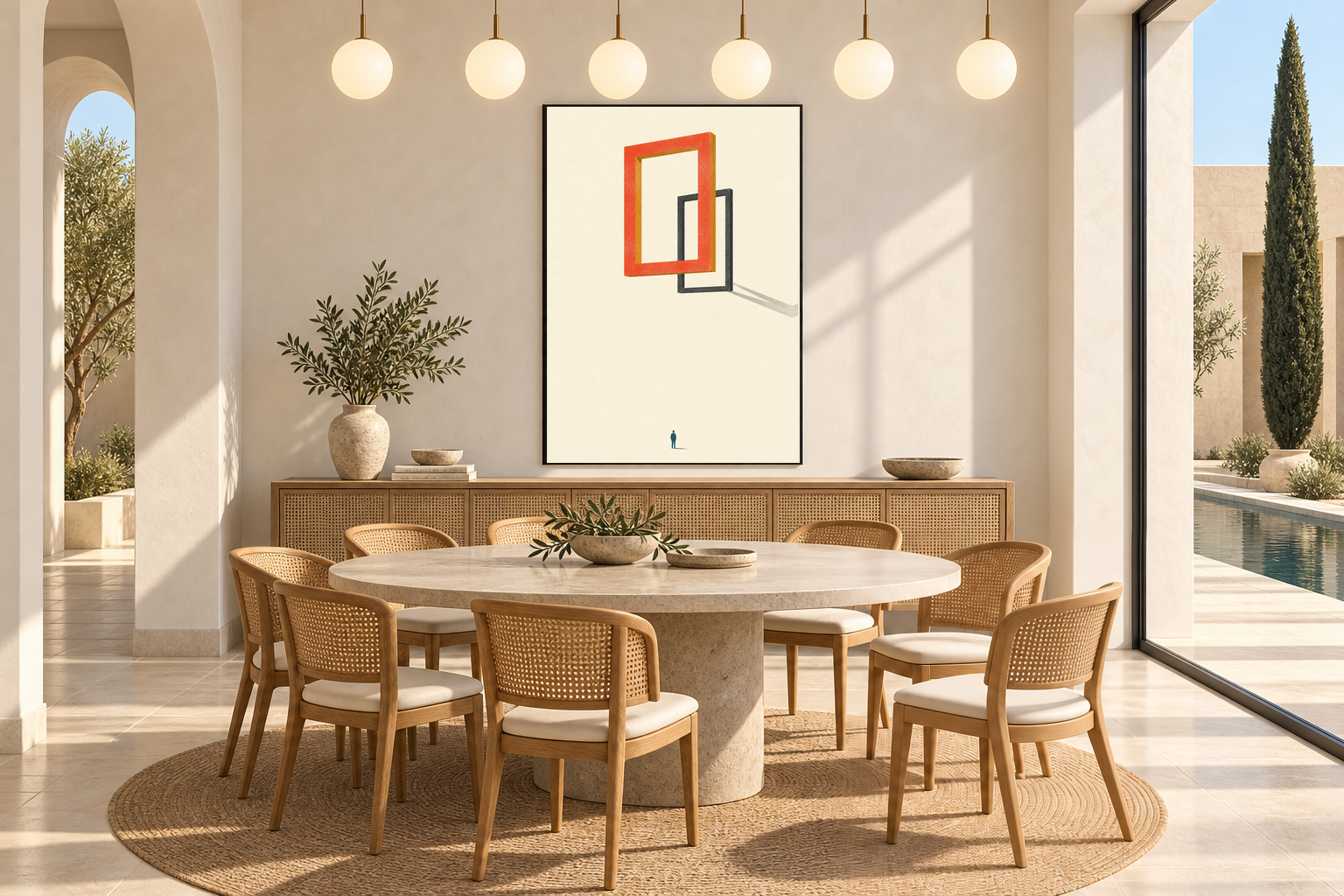 Dining room with large coral and ochre rectangular frame floating before a displaced charcoal frame with a long diagonal shadow.