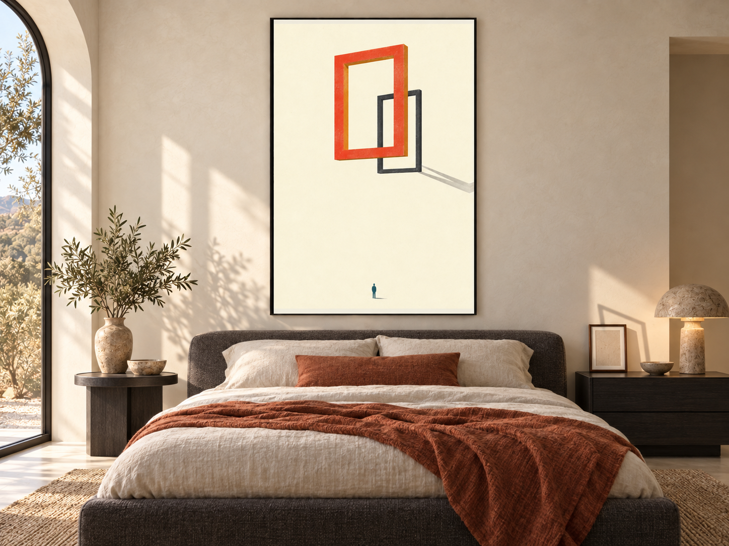 Quiet gallery bedroom with Only the Rear Frame Casts above the bed and a small empty frame casting a displaced shadow.