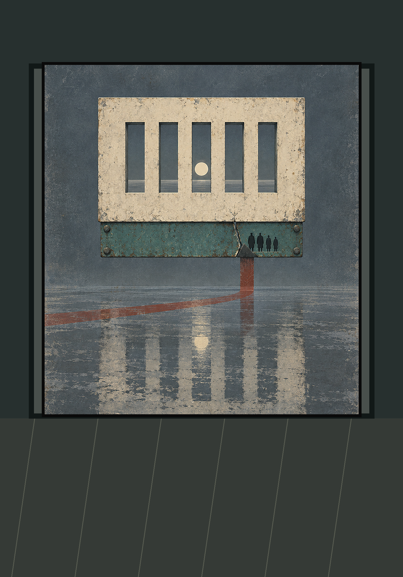 The Second View framed in a rain-dark institutional setting
