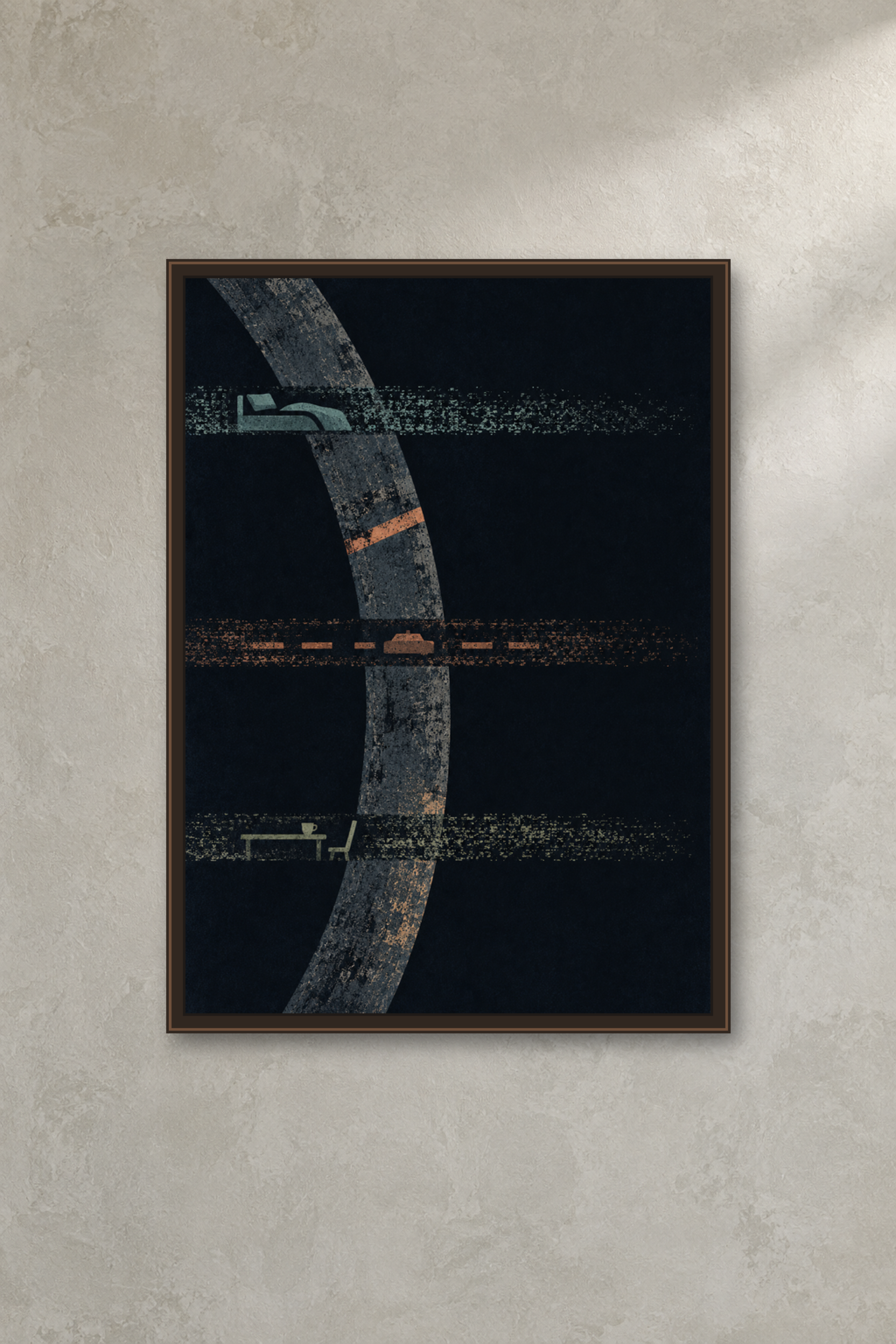 Tuning the Quiet dark modernist overnight-radio art print shown in a slim dark-bronze frame.