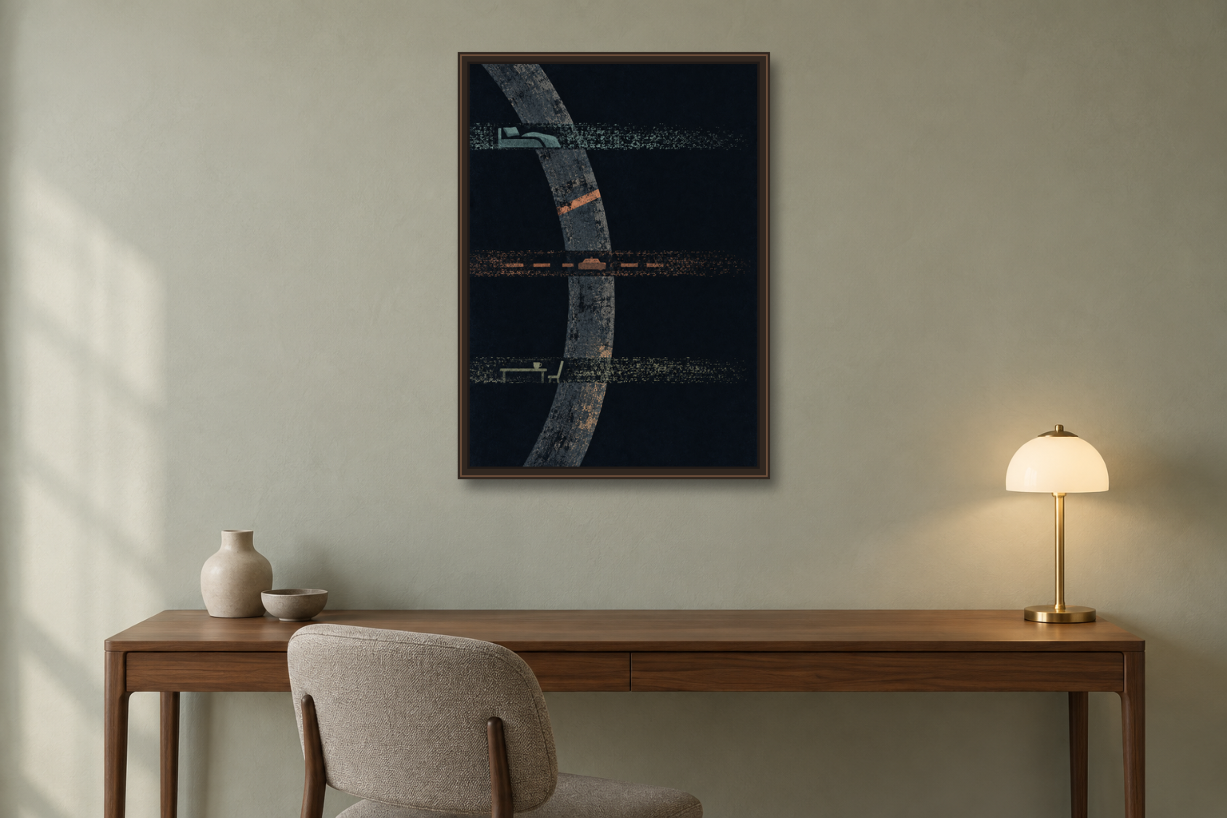 Tuning the Quiet art print above a walnut desk in a pale sage-grey study with an illuminated brass-and-opal lamp.