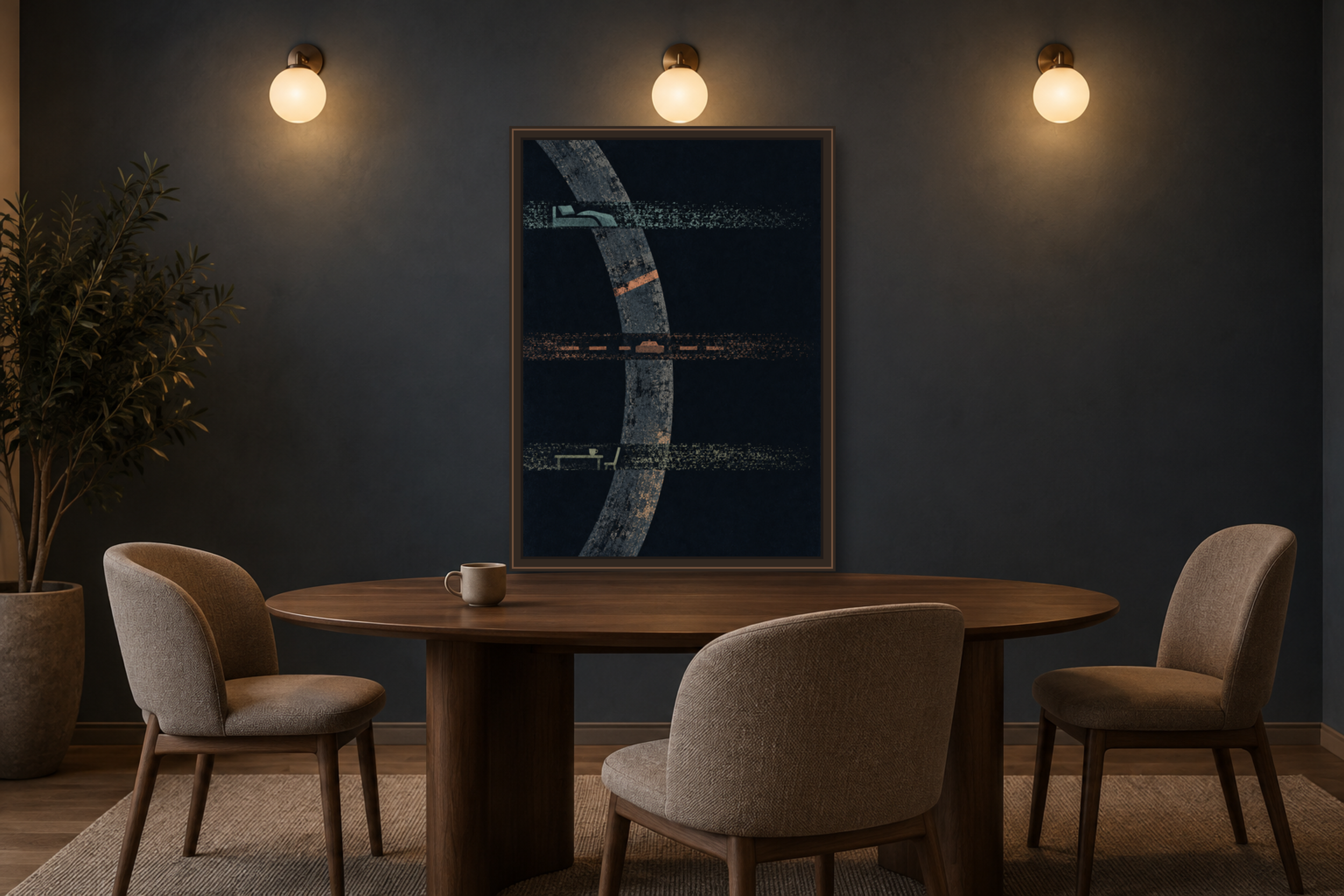 Tuning the Quiet art print above an oval walnut table in a deep blue-grey room with three chairs and three warm wall lights.