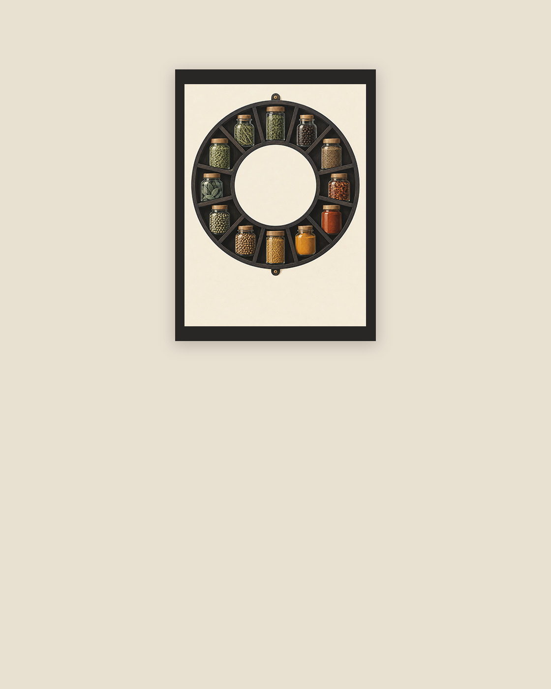 Twelve Measures circular spice-jar art print with twelve jars arranged around a pale centre in a slim charcoal frame.