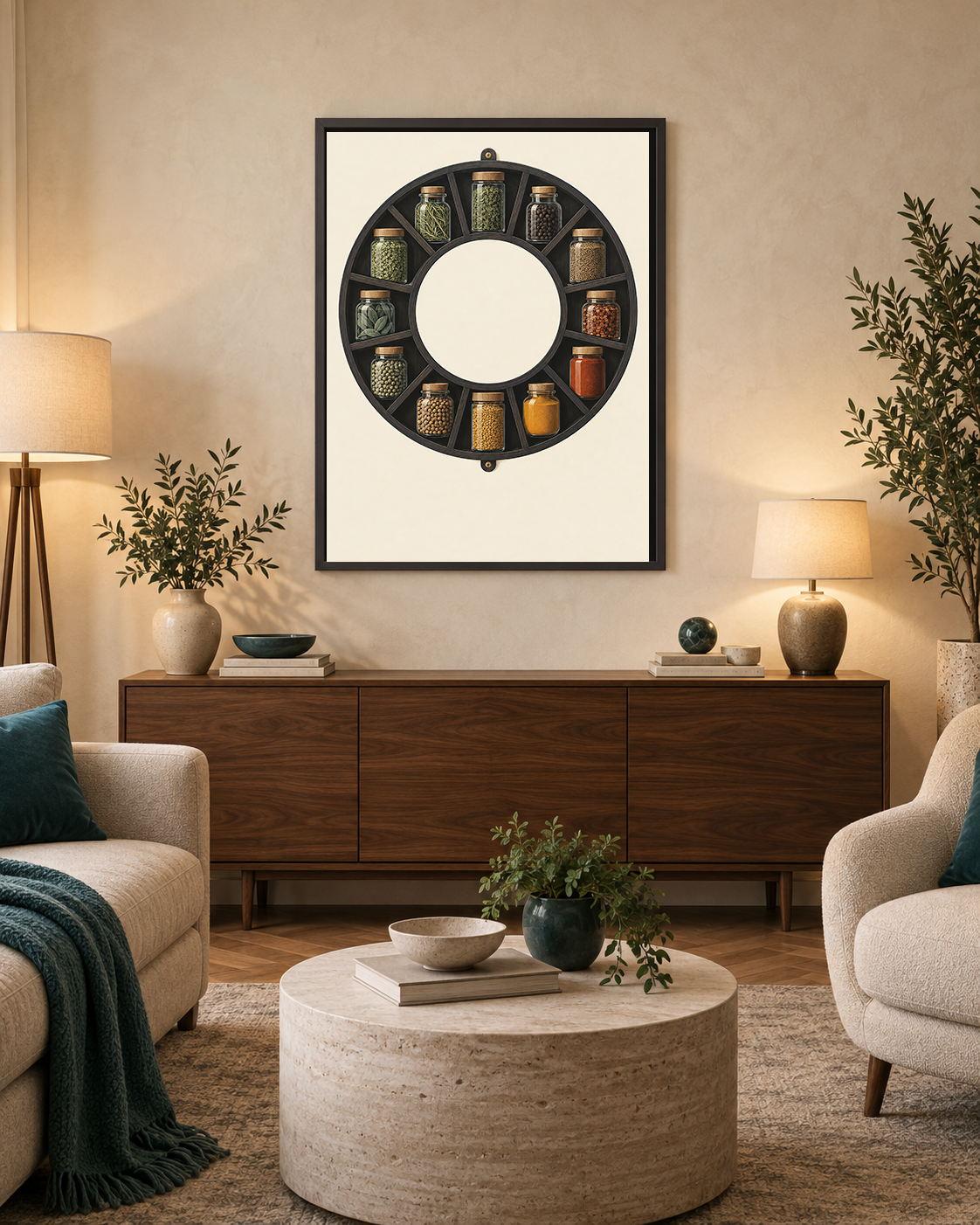 Twelve Measures art print displayed in a bright neutral living room with natural wood details.