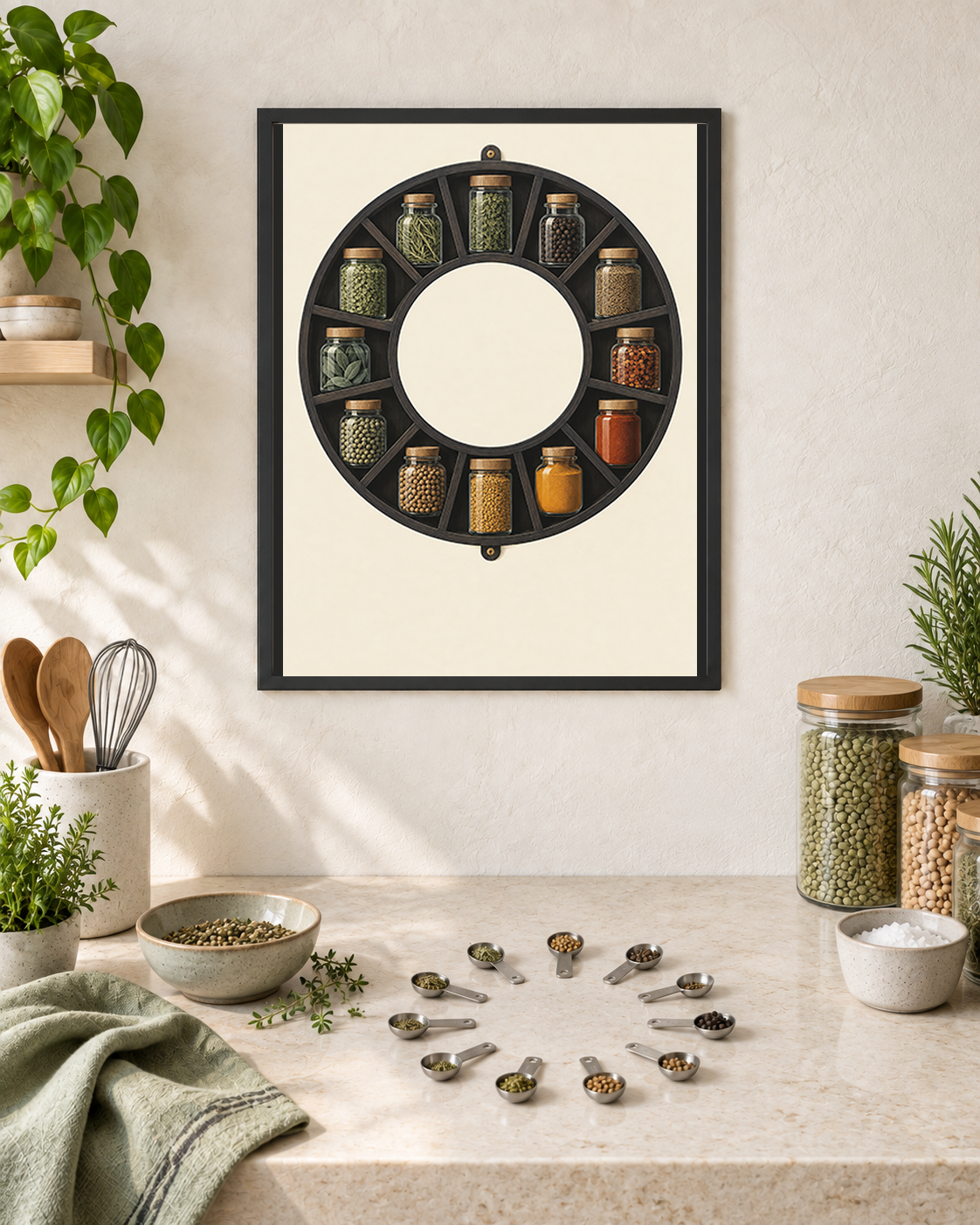 Twelve Measures art print above a pale pantry counter with twelve small measuring spoons arranged in a loose circle.