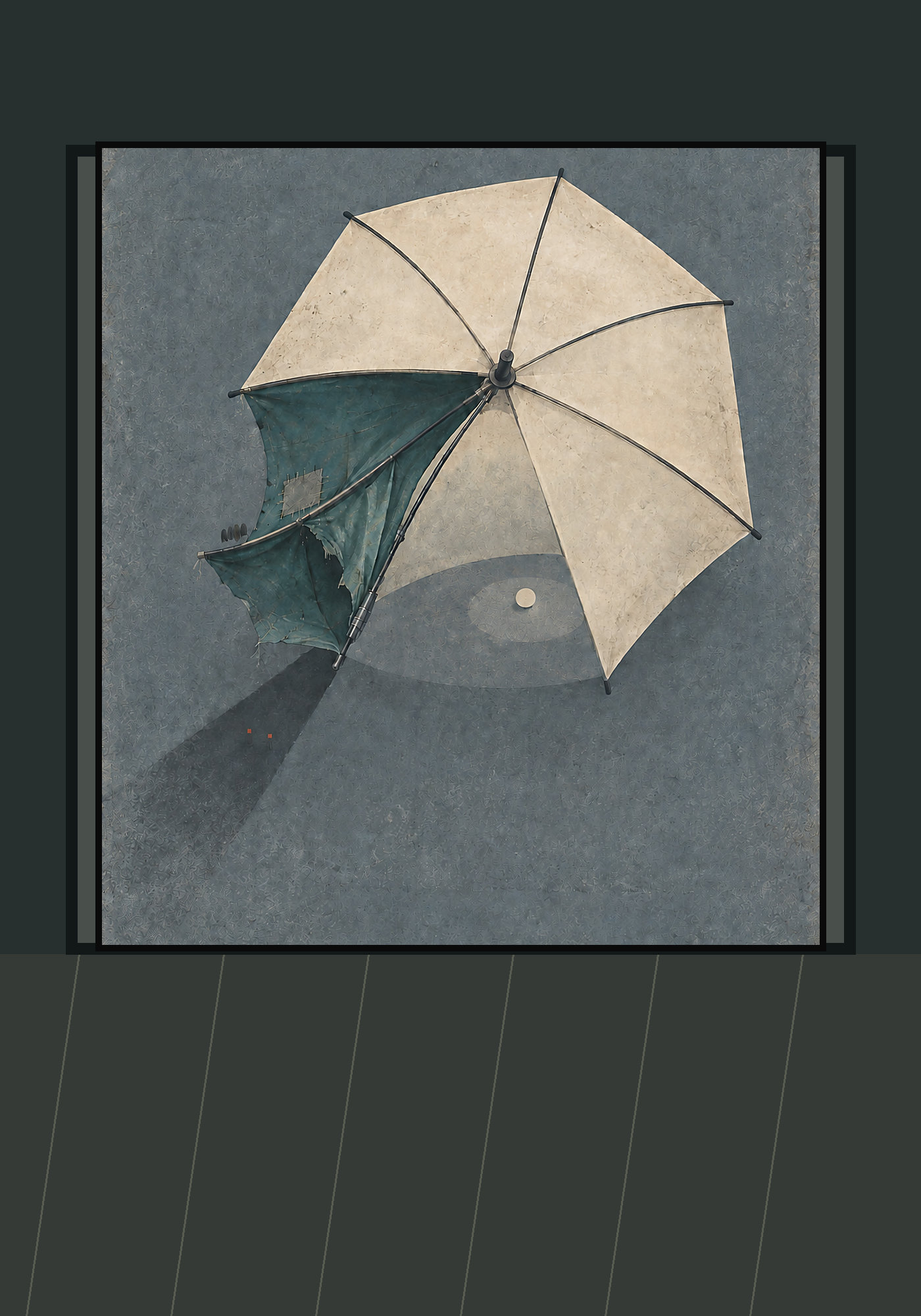 The Broken Canopy framed in a rain-dark institutional setting
