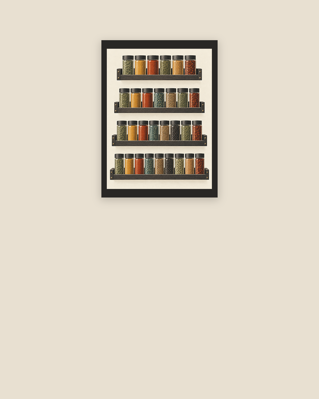 The Recipe We Repeated art print with four orderly rows of colourful spice jars in a slim charcoal frame.