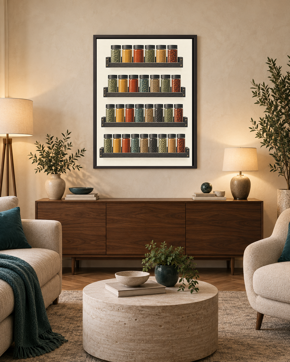 The Recipe We Repeated art print displayed in a warm contemporary living room with restrained natural materials.