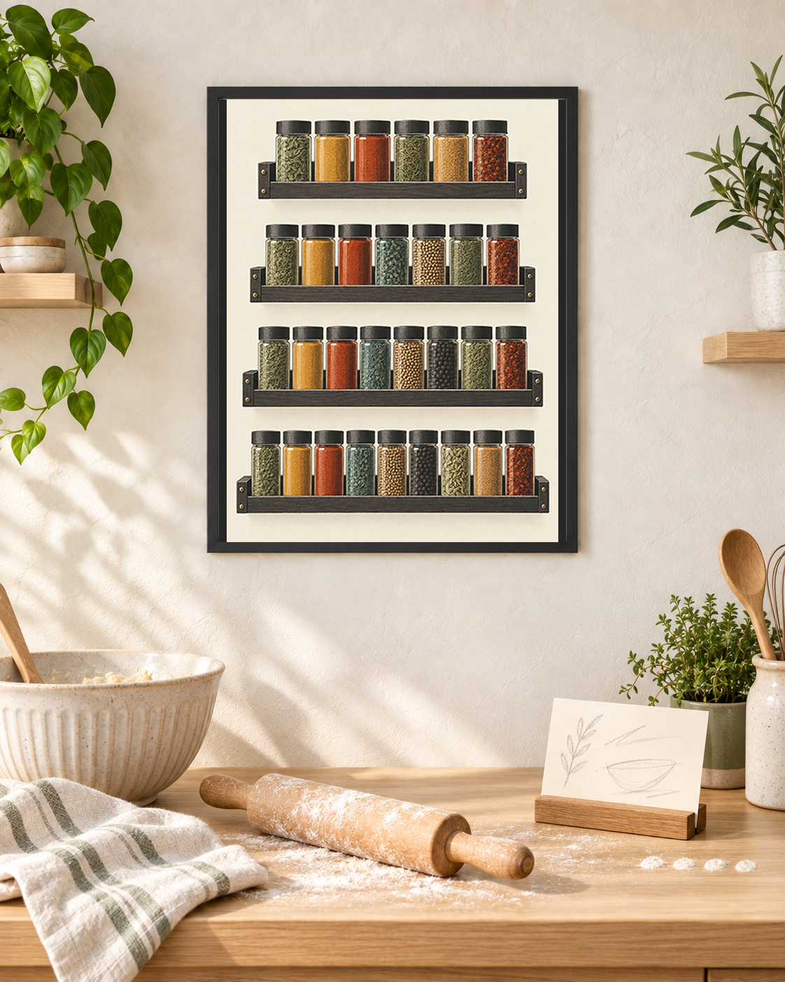 The Recipe We Repeated art print in a bright baking corner with a rolling pin, abstract recipe card and a repeated row of flour marks.