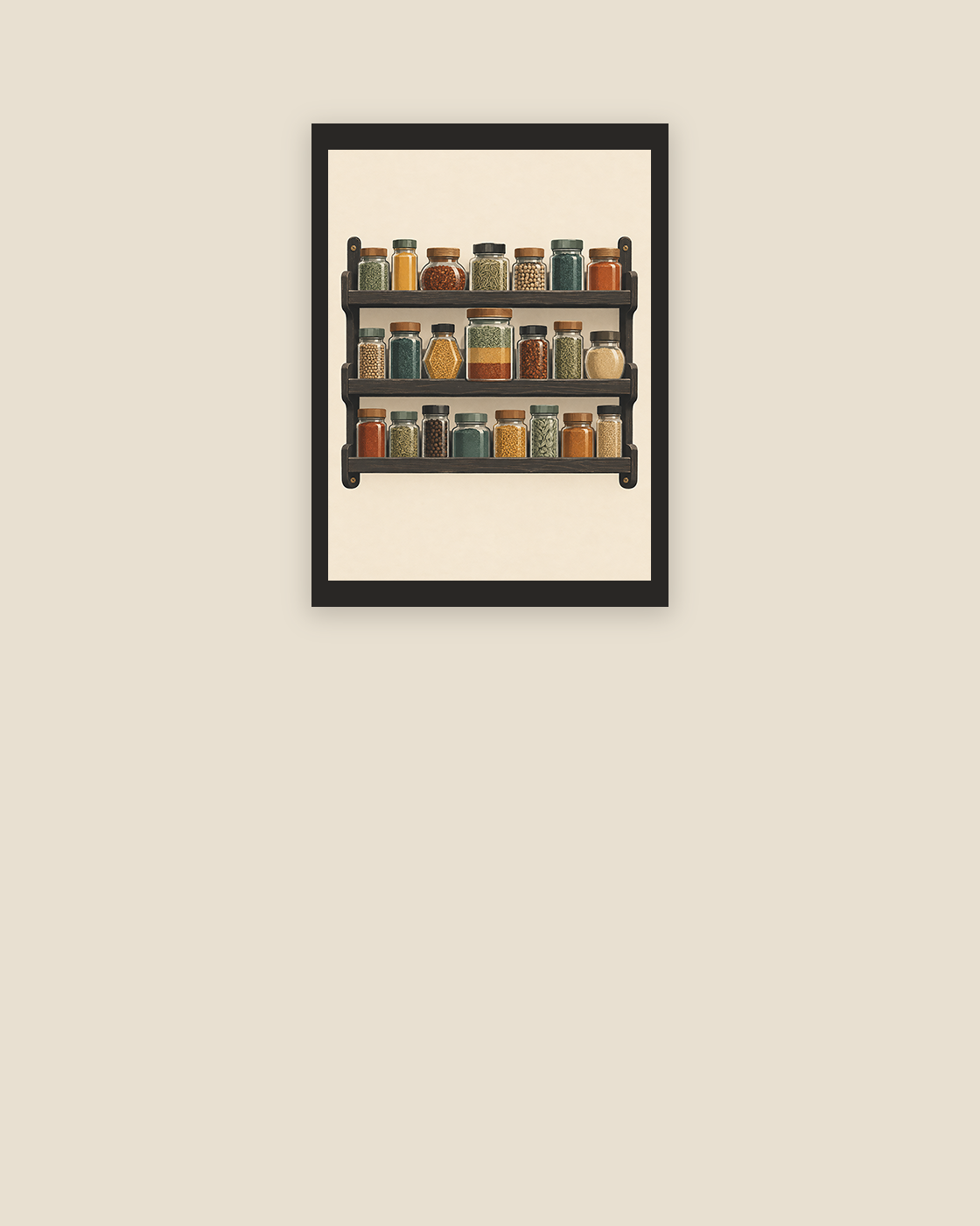 The New Blend lively spice-rack art print with varied jars across three dark shelves in a slim charcoal frame.