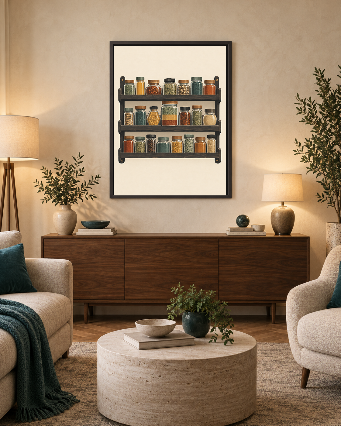 The New Blend art print displayed in a bright contemporary living room with warm timber and neutral upholstery.