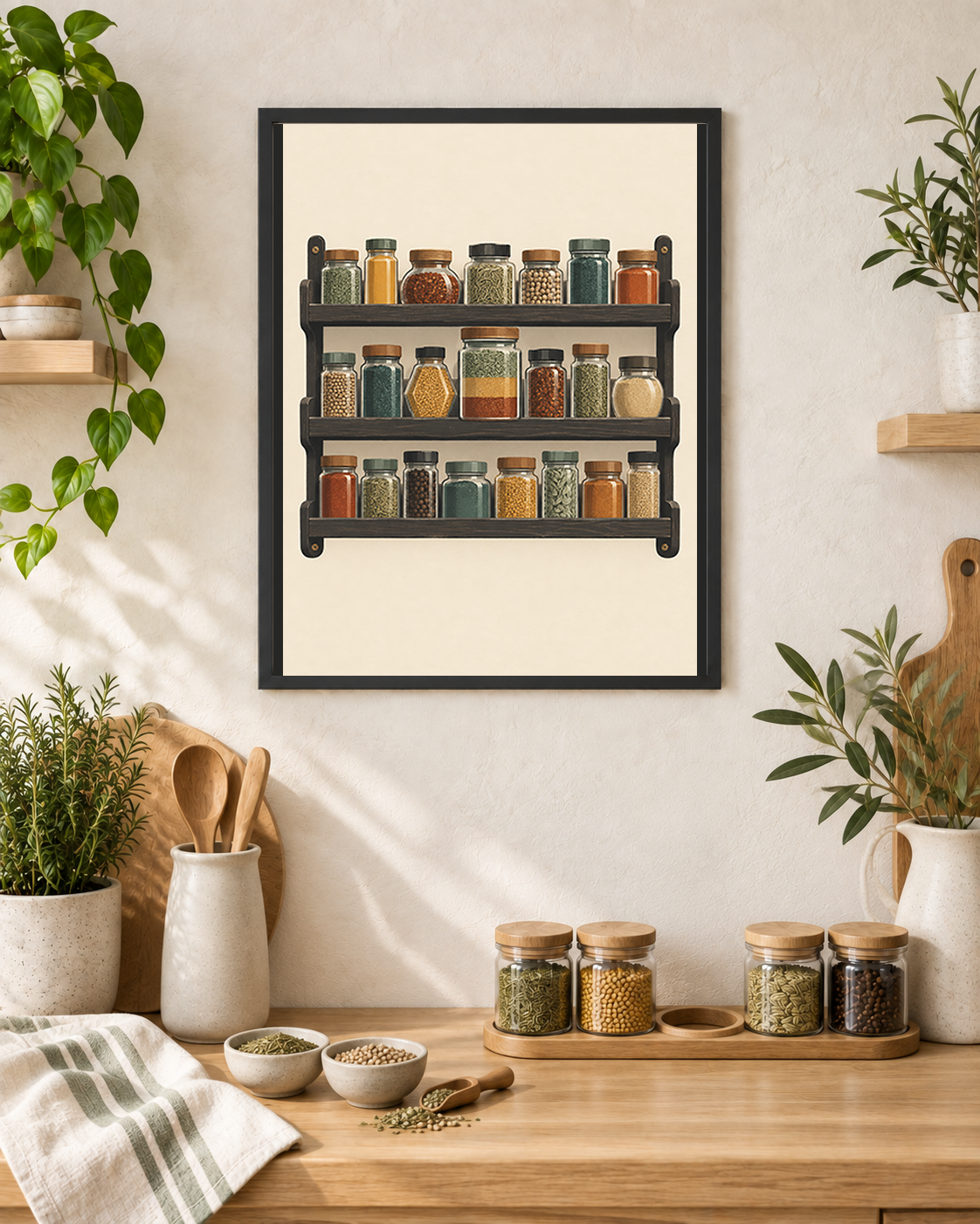 The New Blend art print in a fresh pantry-blending nook with small spice bowls and one empty circular position in a row of jar rings.