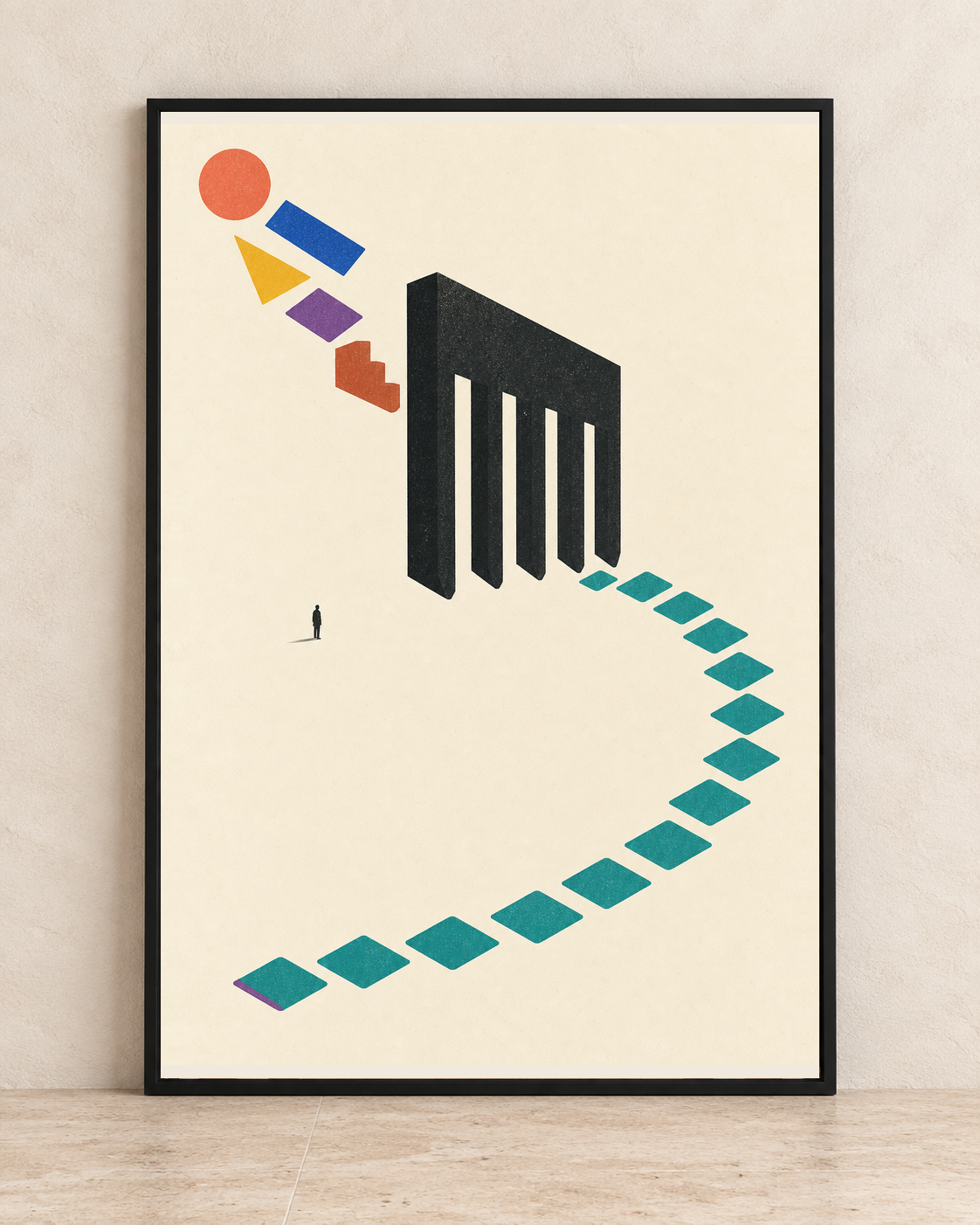 Five different coloured shapes entering a charcoal sorting comb above an arc of nearly identical teal lozenges.