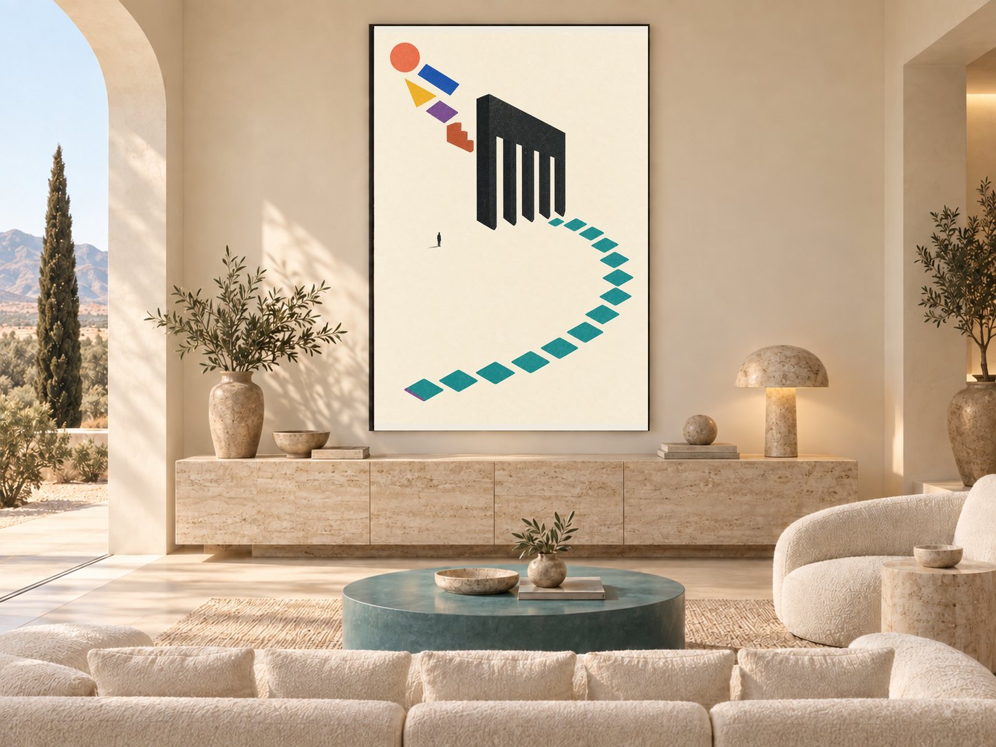 Living room with five different coloured shapes entering a charcoal sorting comb above an arc of nearly identical teal lozenges.