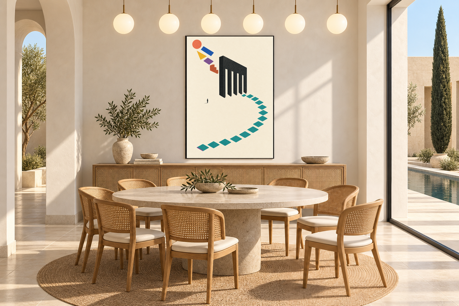 Dining room with five different coloured shapes entering a charcoal sorting comb above an arc of nearly identical teal lozenges.