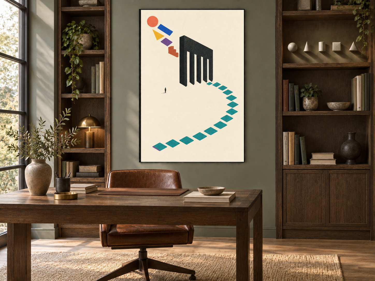 Green-grey study with Difference Goes In framed between dark shelves where varied ceramic blocks cast similar shadows.
