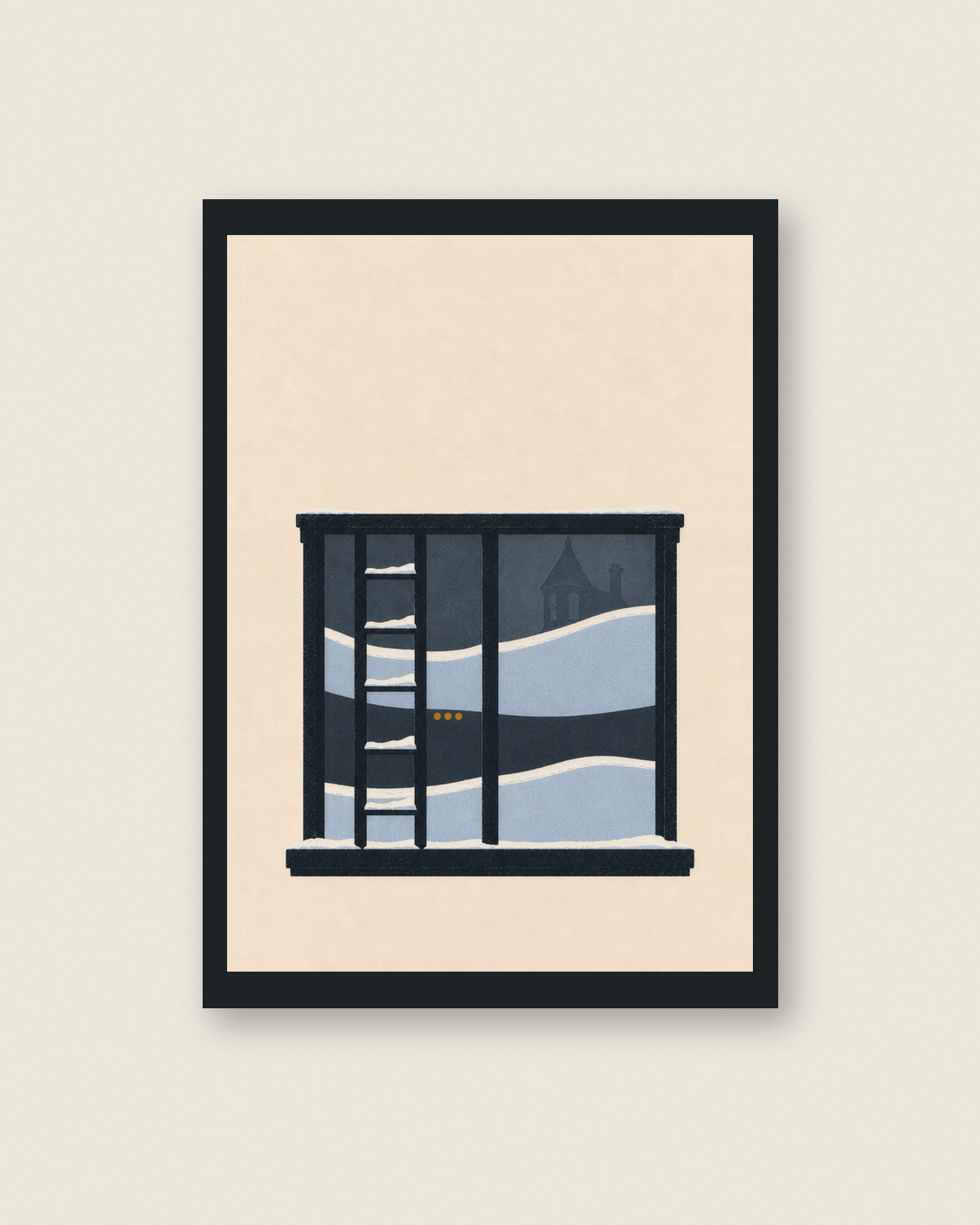 A Window With Two Winters art print in a slim charcoal frame on a warm ivory wall.