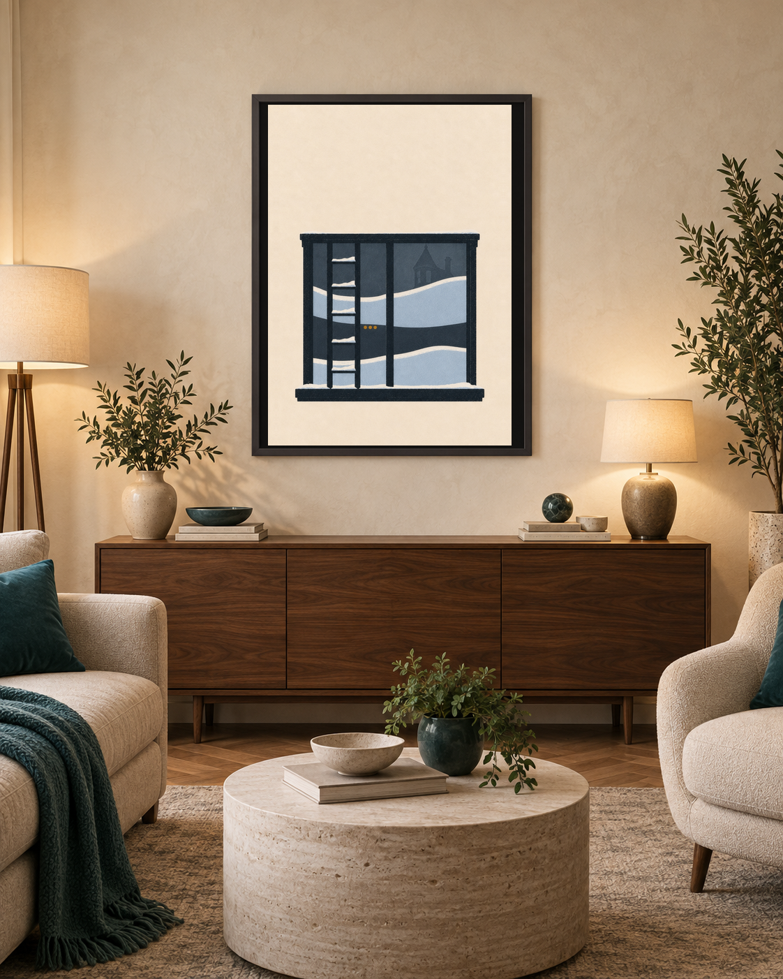 A Window With Two Winters art print above a walnut sideboard in a warm cream and deep-teal living room with both lamps illuminated.