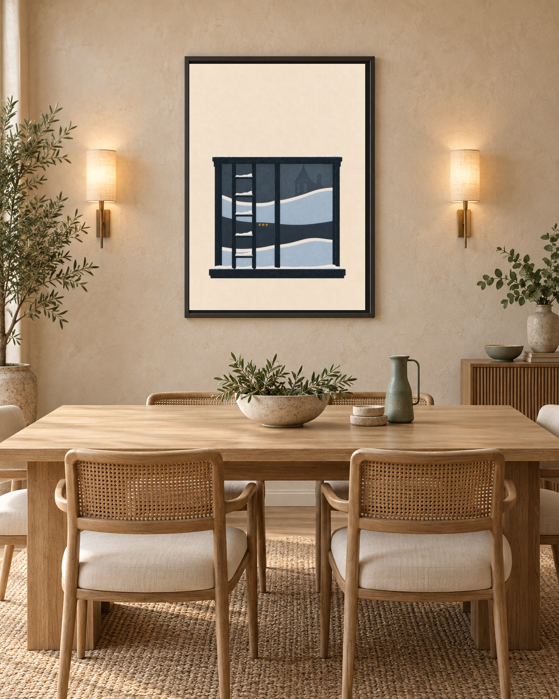 A Window With Two Winters art print above a pale oak dining table in a calm modern room with both wall lights illuminated.