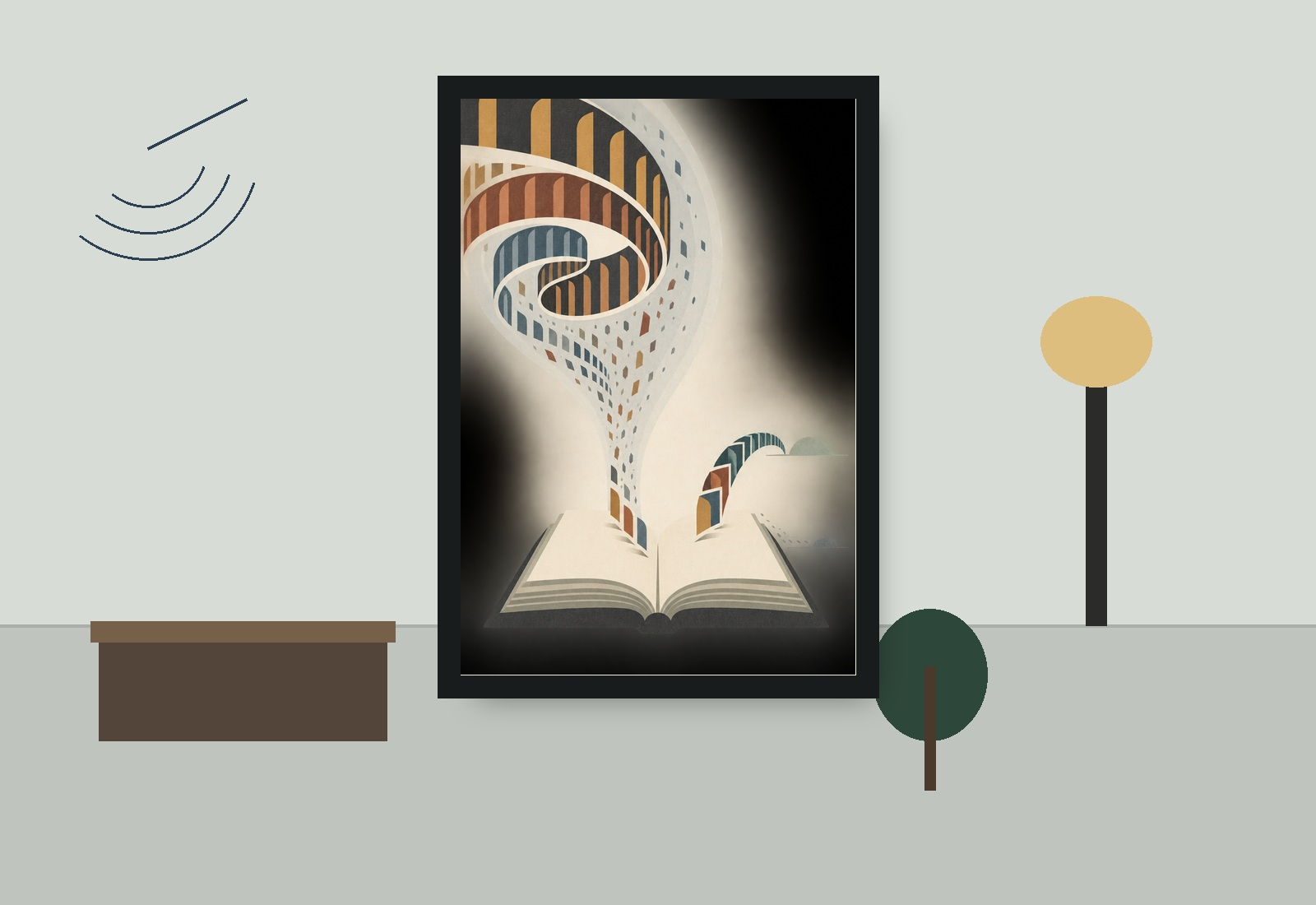 The Second Horizon art print in an original archive-inspired room with a subtle concentric time motif and restrained Northbound styling.
