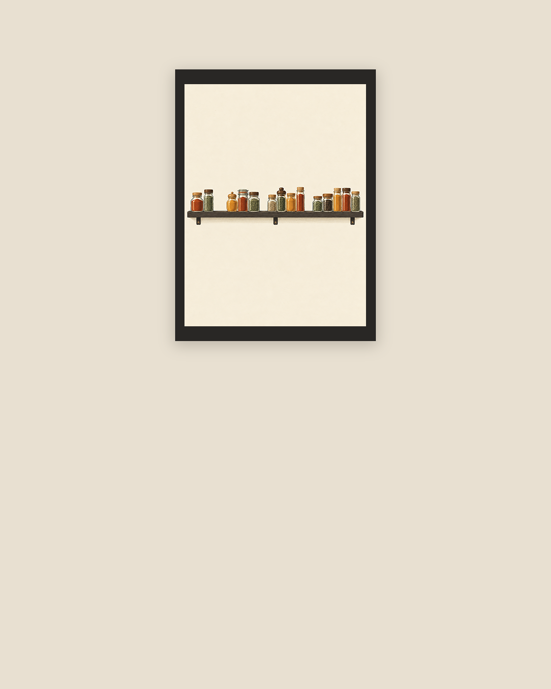 Along the Rail minimalist art print with a single row of small colourful spice jars on a charcoal rail.