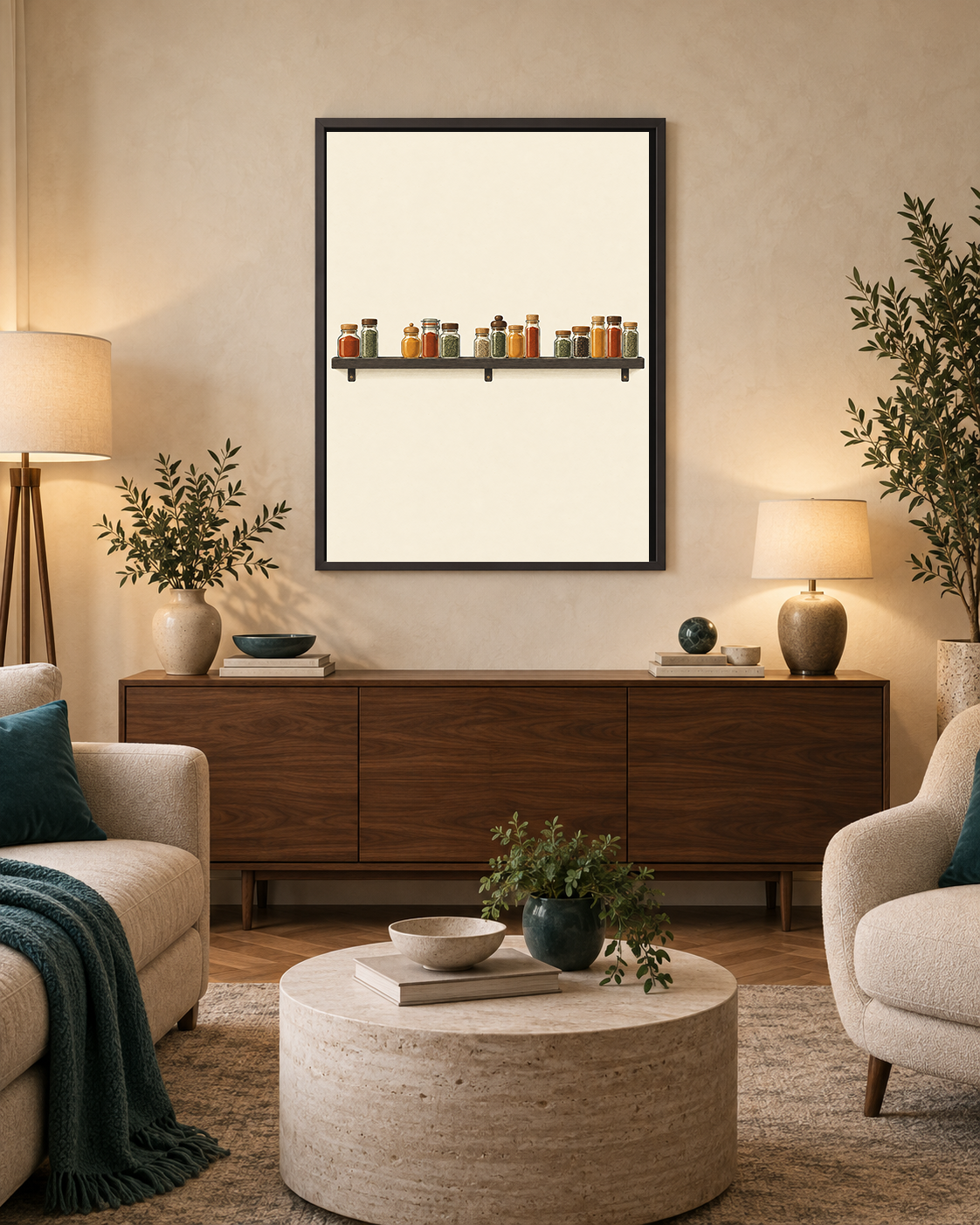 Along the Rail art print displayed in a light contemporary living room with simple warm wood accents.