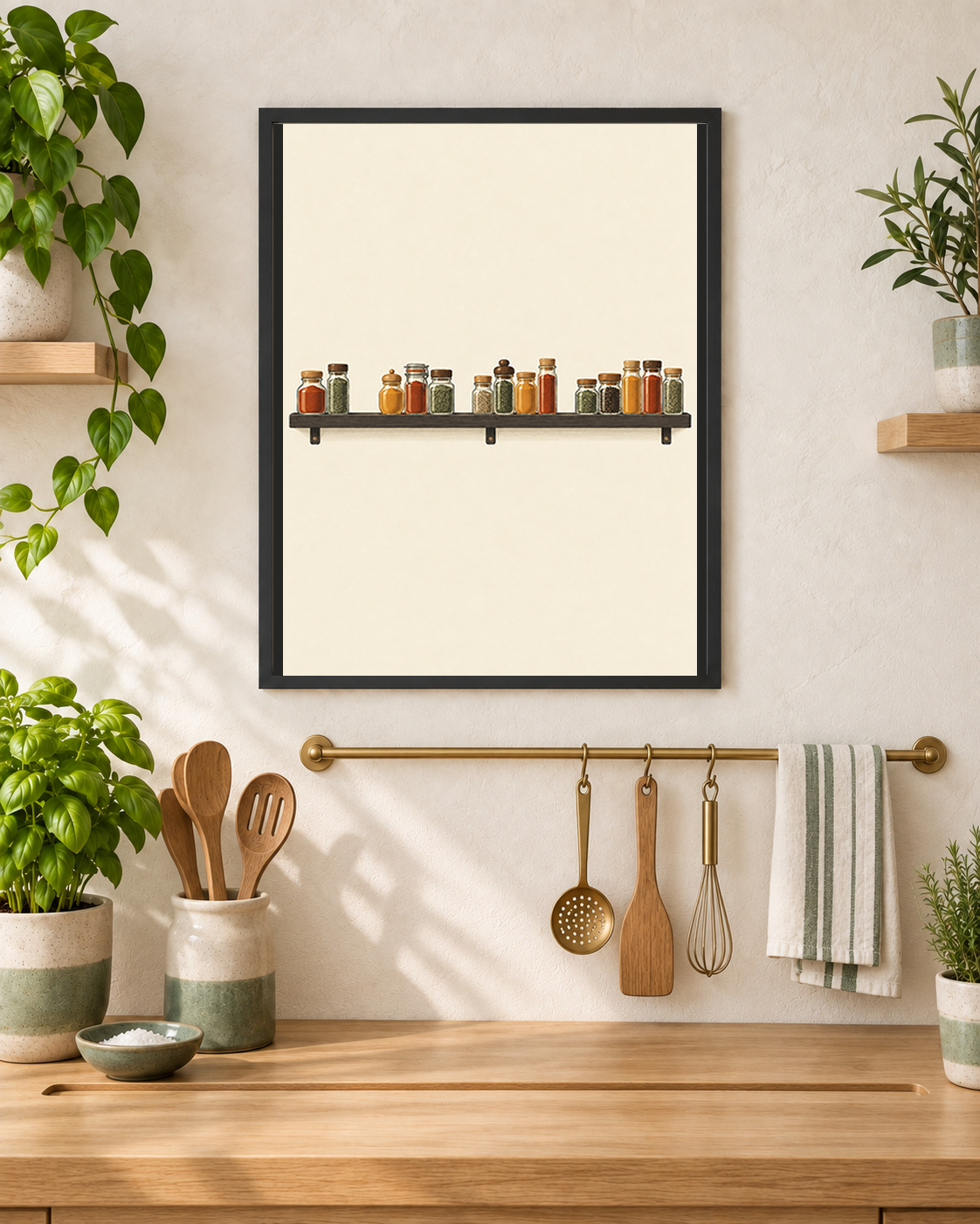 Along the Rail art print above a slim brass utensil rail echoed by a long shallow groove in the timber workbench.