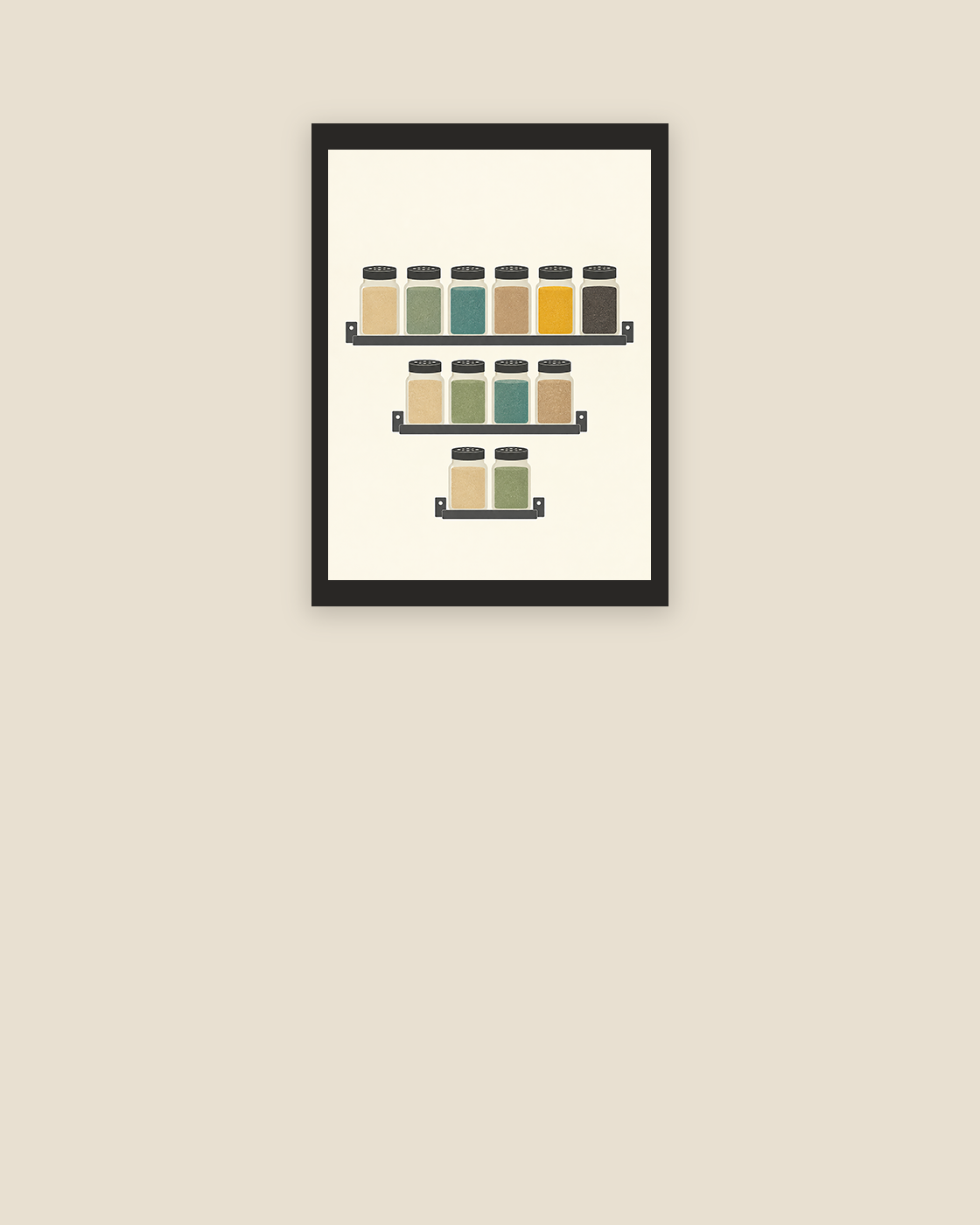 The Scent Line restrained spice-rack art print with staggered dark shelves and varied green and ochre jars.