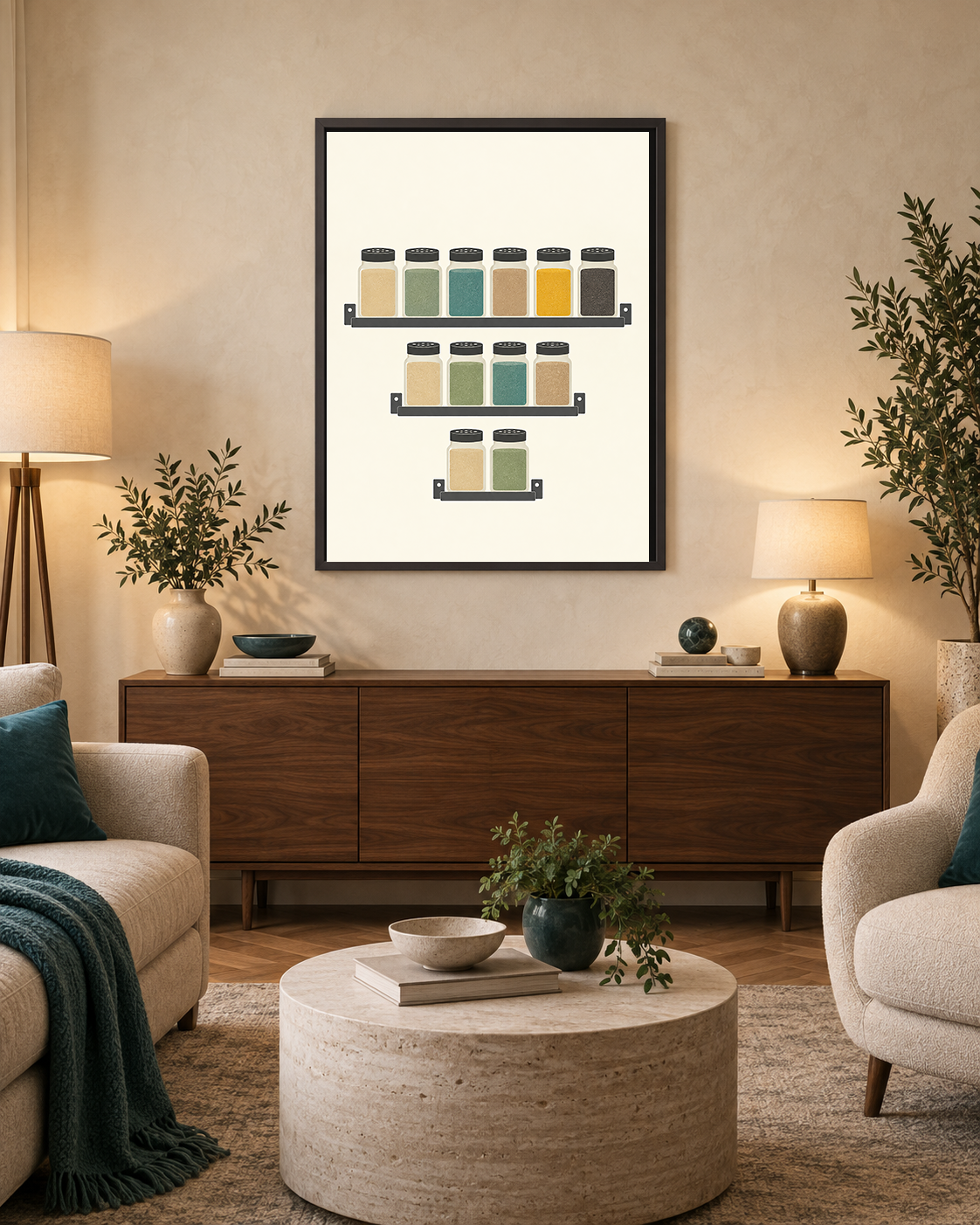 The Scent Line art print displayed in a bright contemporary living room with coordinated neutral furnishings.