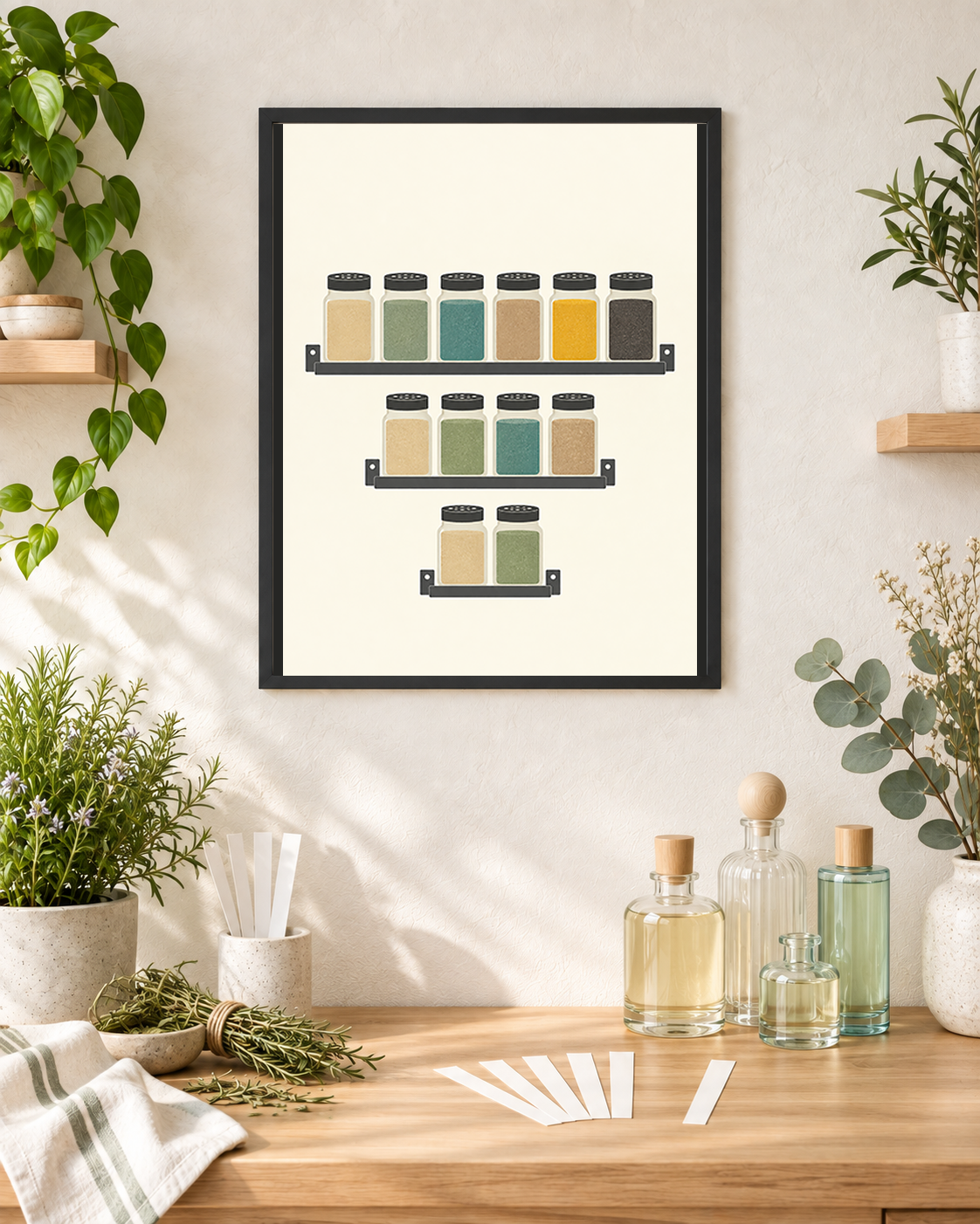 The Scent Line art print in a luminous scent-making alcove with pale glass bottles and six paper scent strips, one set slightly apart.
