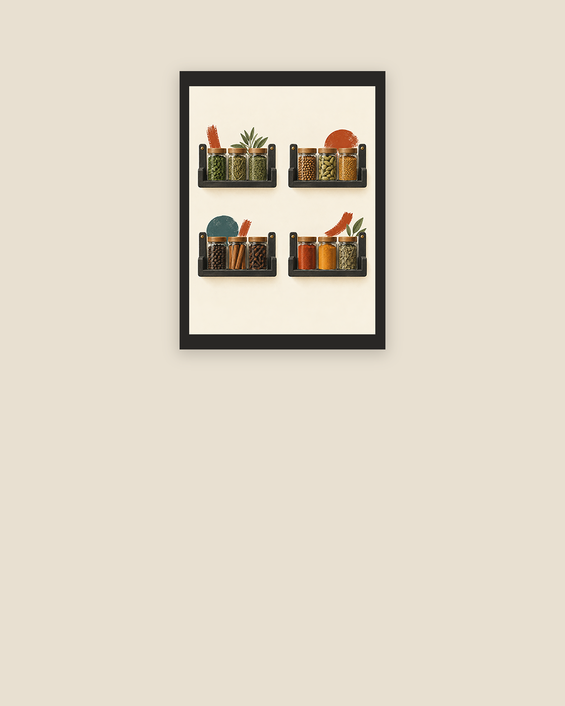 Four Bright Shelves art print with four small shelf arrangements of jars, herbs and utensils in a slim dark frame.
