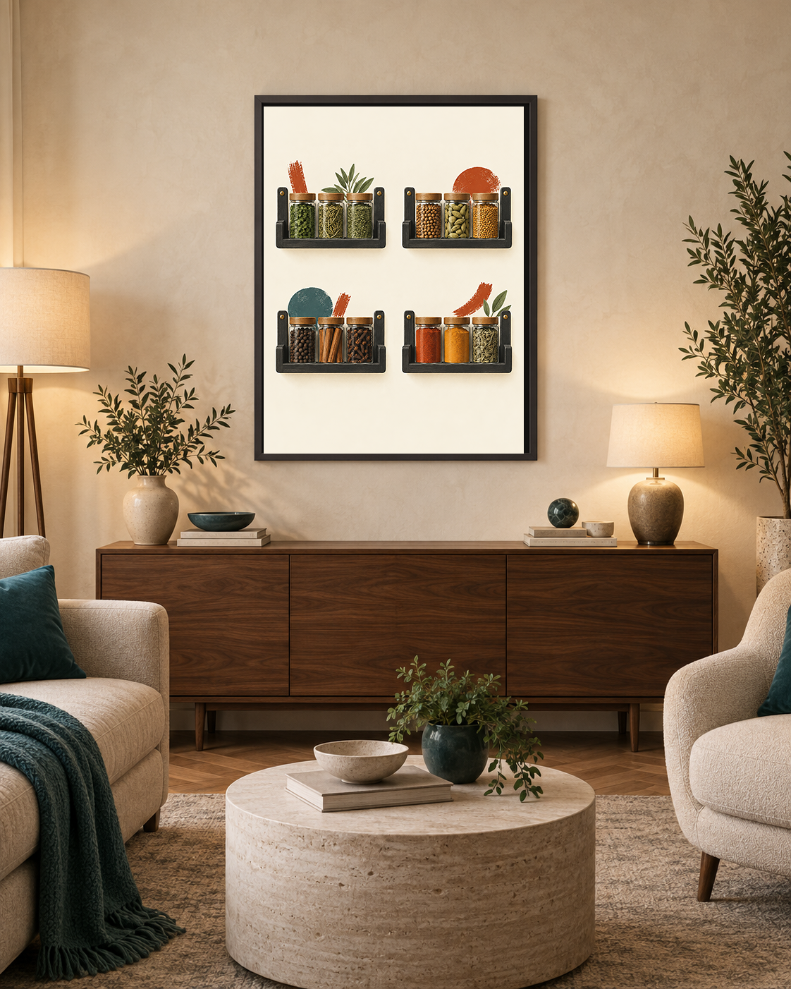 Four Bright Shelves art print displayed in a light contemporary living room with warm wood details.