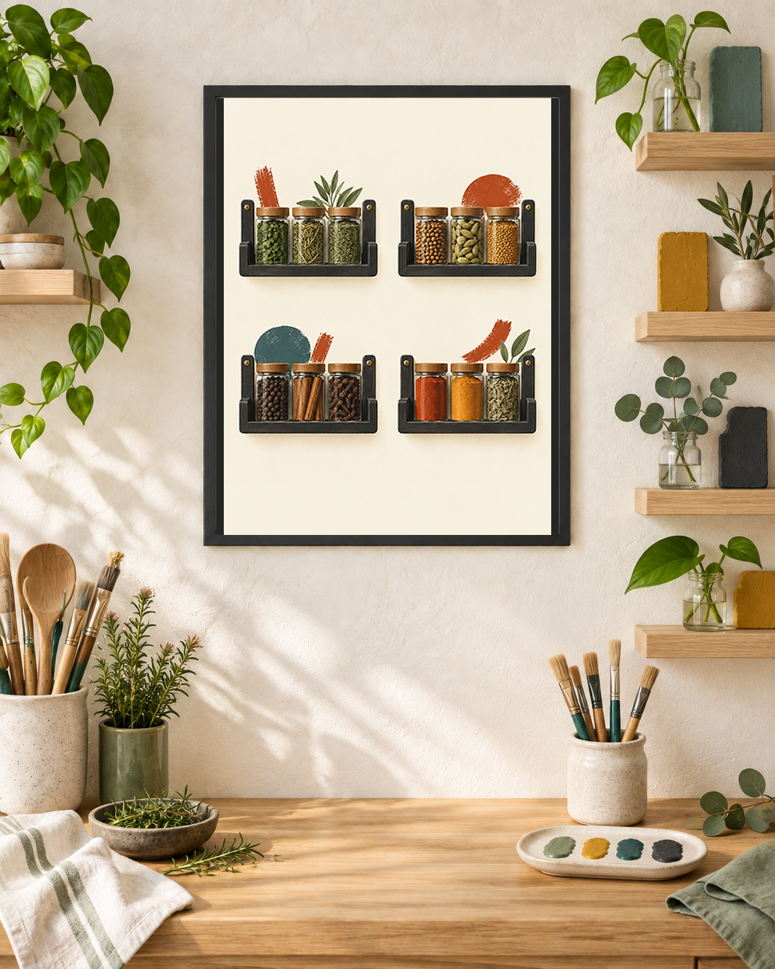 Four Bright Shelves art print in a creative kitchen studio with four botanical wall ledges and four muted colour marks.
