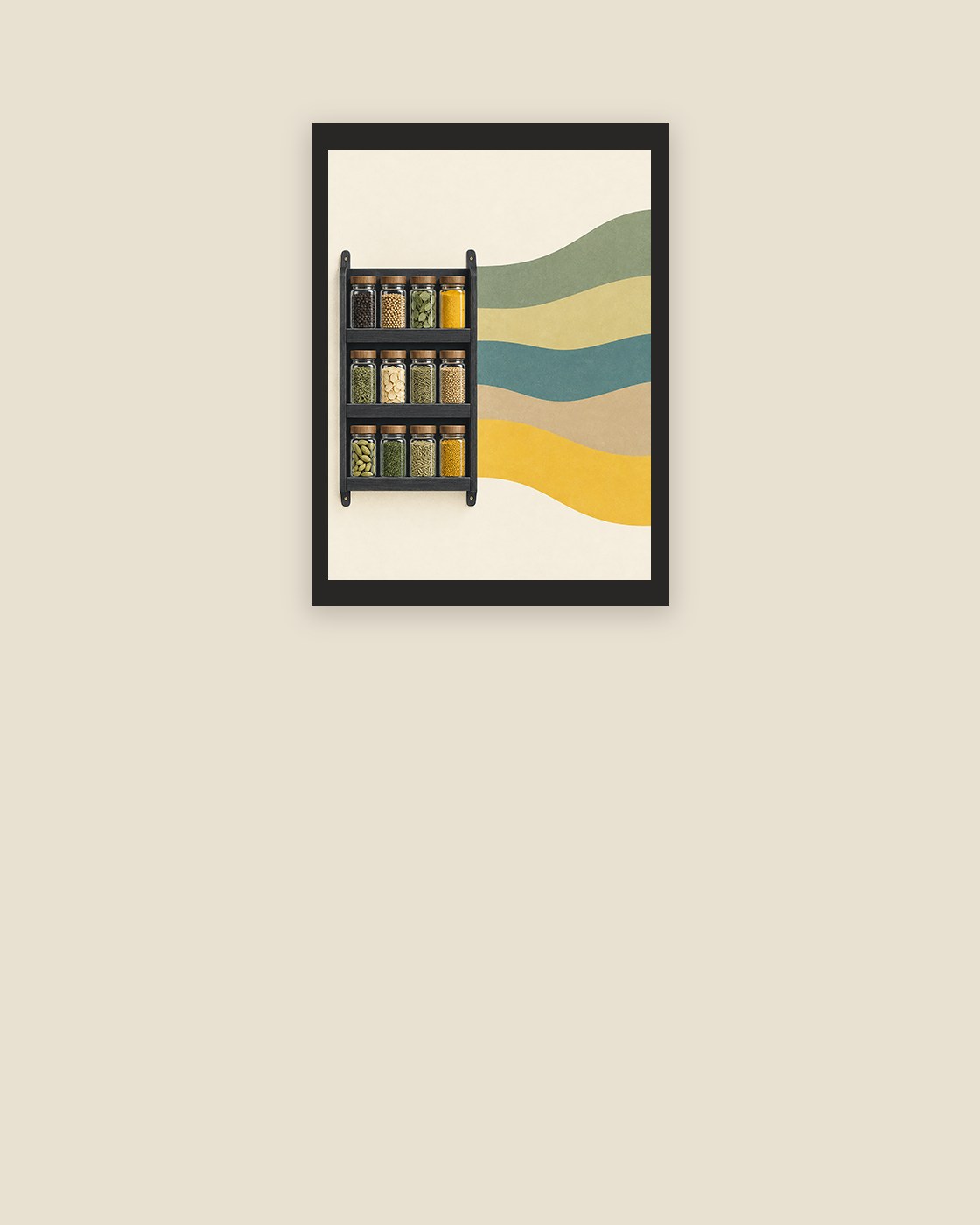 The Full Measure modernist art print with a full dark spice rack beside broad green, blue and yellow bands.