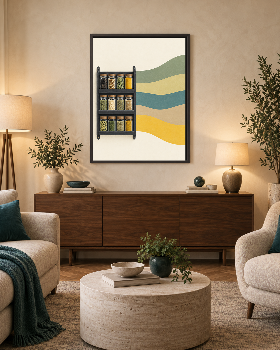 The Full Measure art print displayed in a bright contemporary living room with warm timber and neutral upholstery.