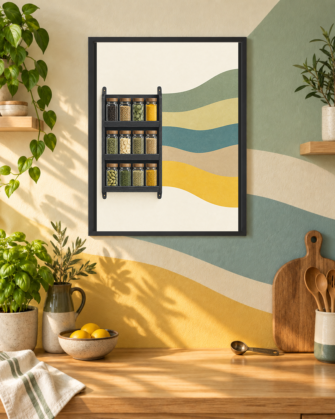 The Full Measure art print in an optimistic mid-century kitchen passage with flowing green, blue and yellow bands and one metal measuring spoon.