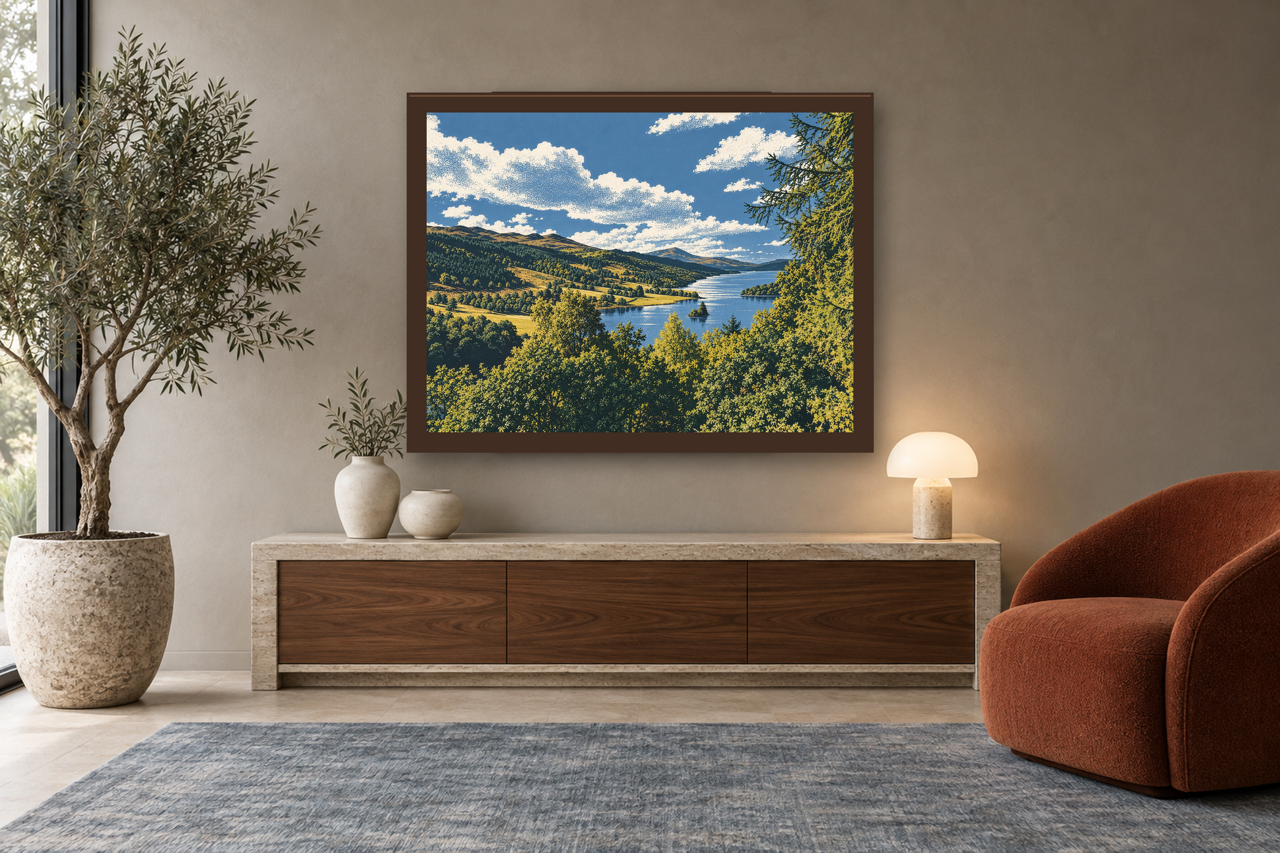 The Long Water in the screenprint style, framed above a walnut console in a warm neutral reading room.