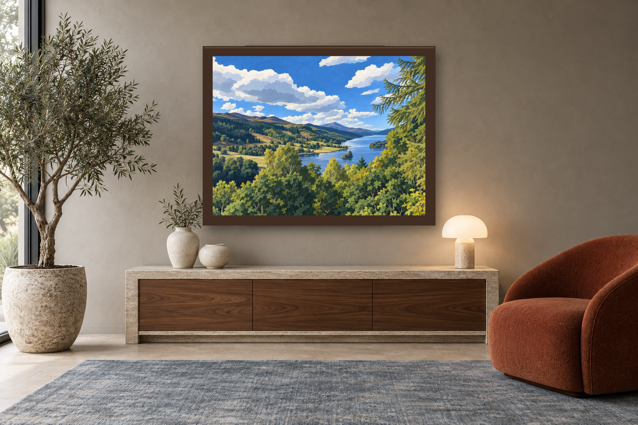 The Long Water in the gouache style, framed above a walnut console in a warm neutral reading room.