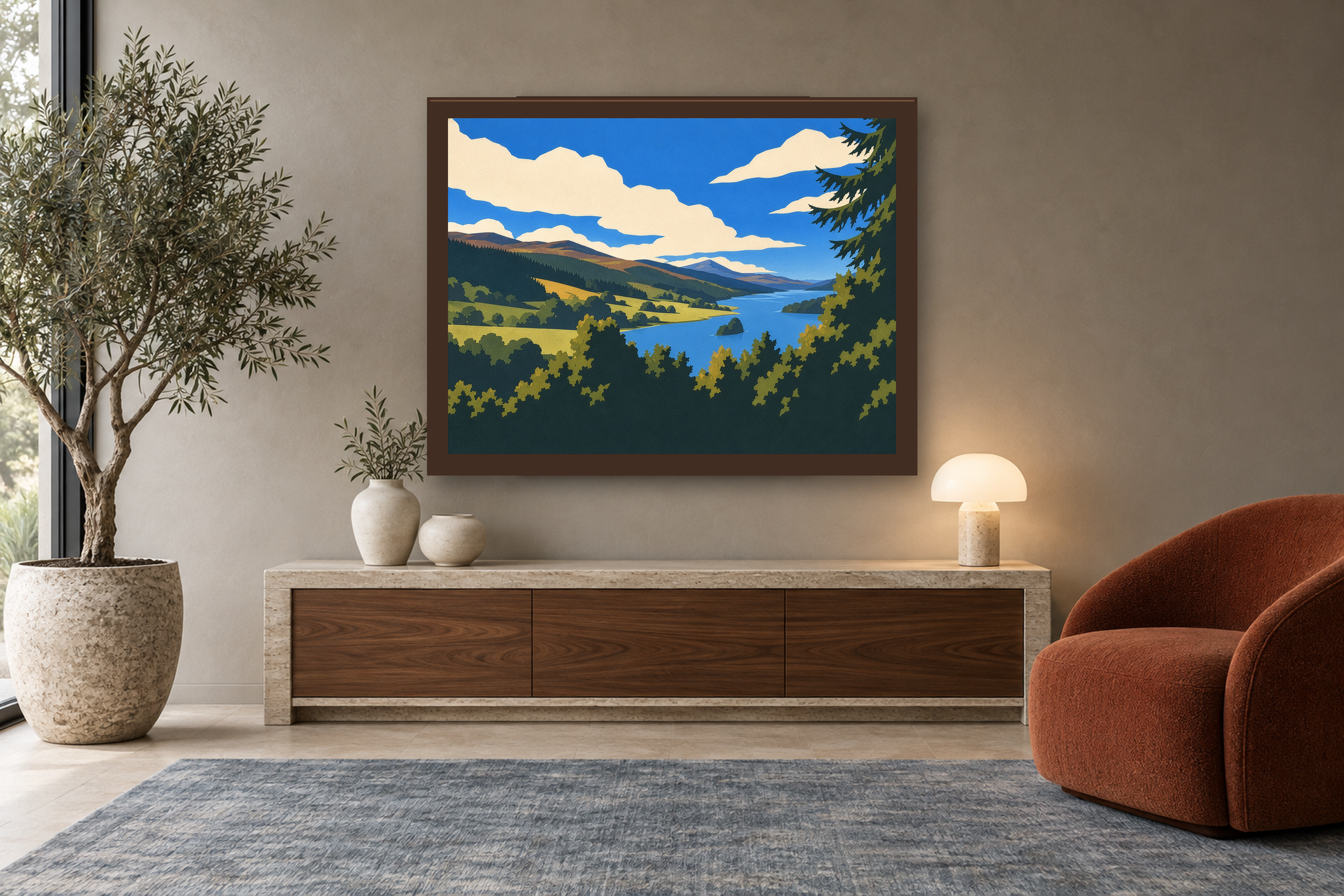 The Long Water in the lithographic style, framed above a walnut console in a warm neutral reading room.