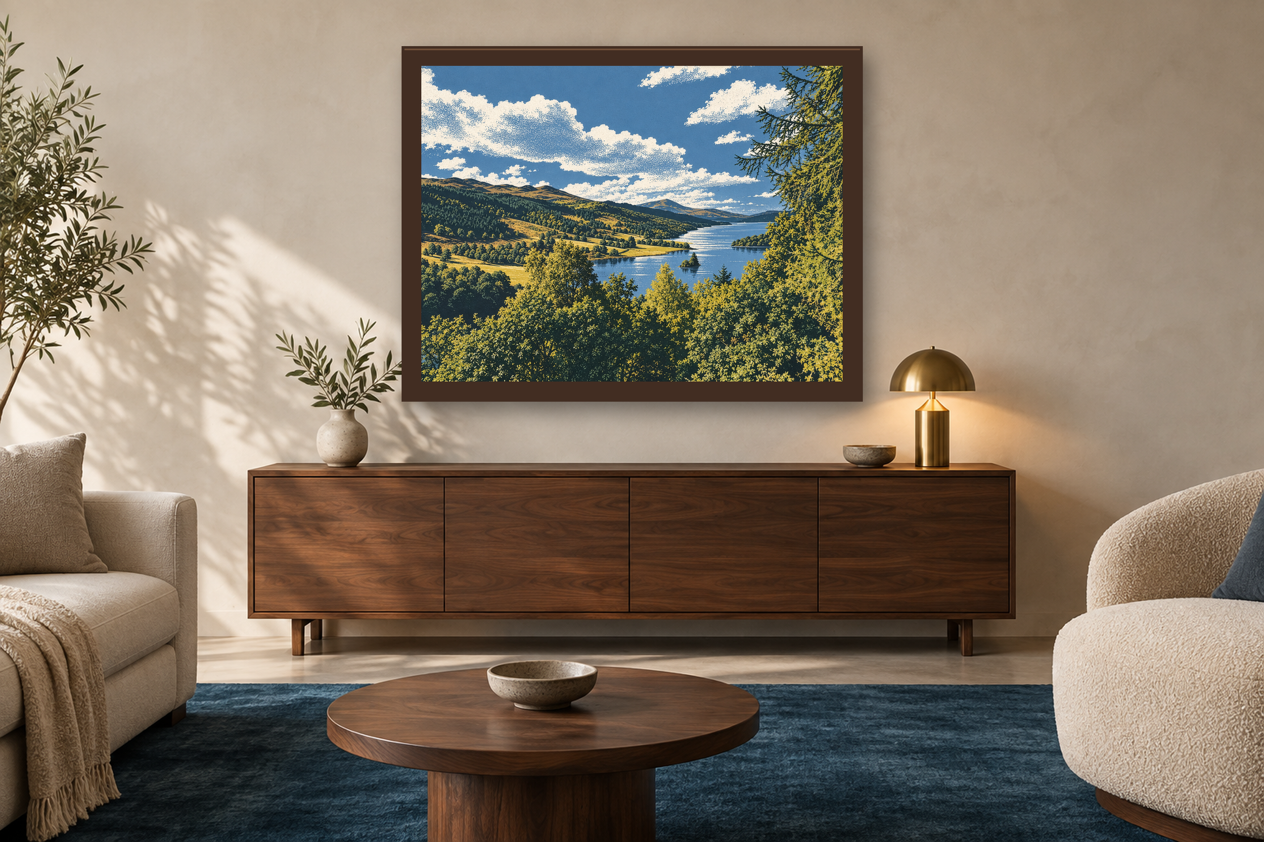 The Long Water in the screenprint style, framed above a walnut credenza in a sunlit neutral living room.