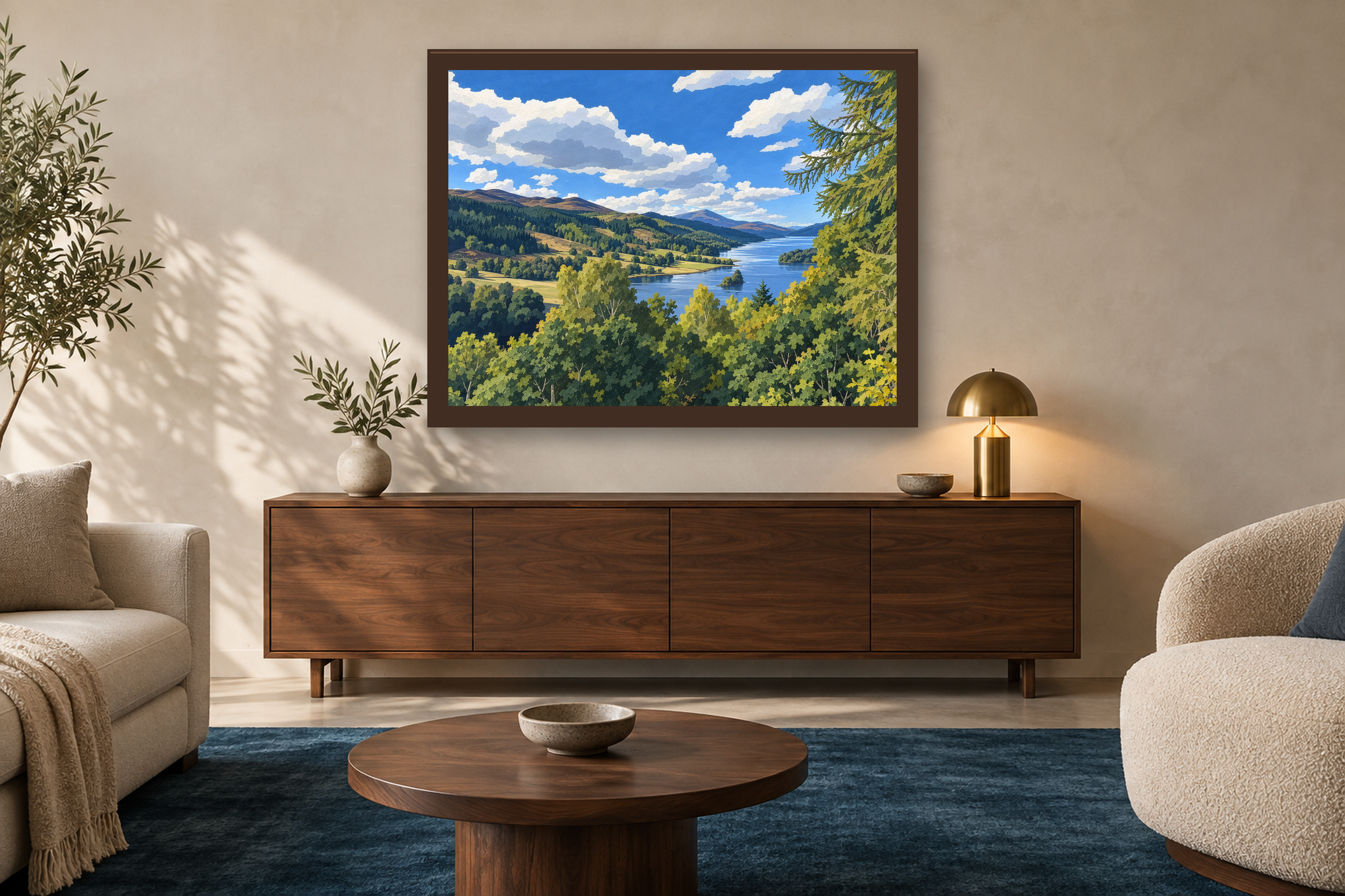 The Long Water in the gouache style, framed above a walnut credenza in a sunlit neutral living room.