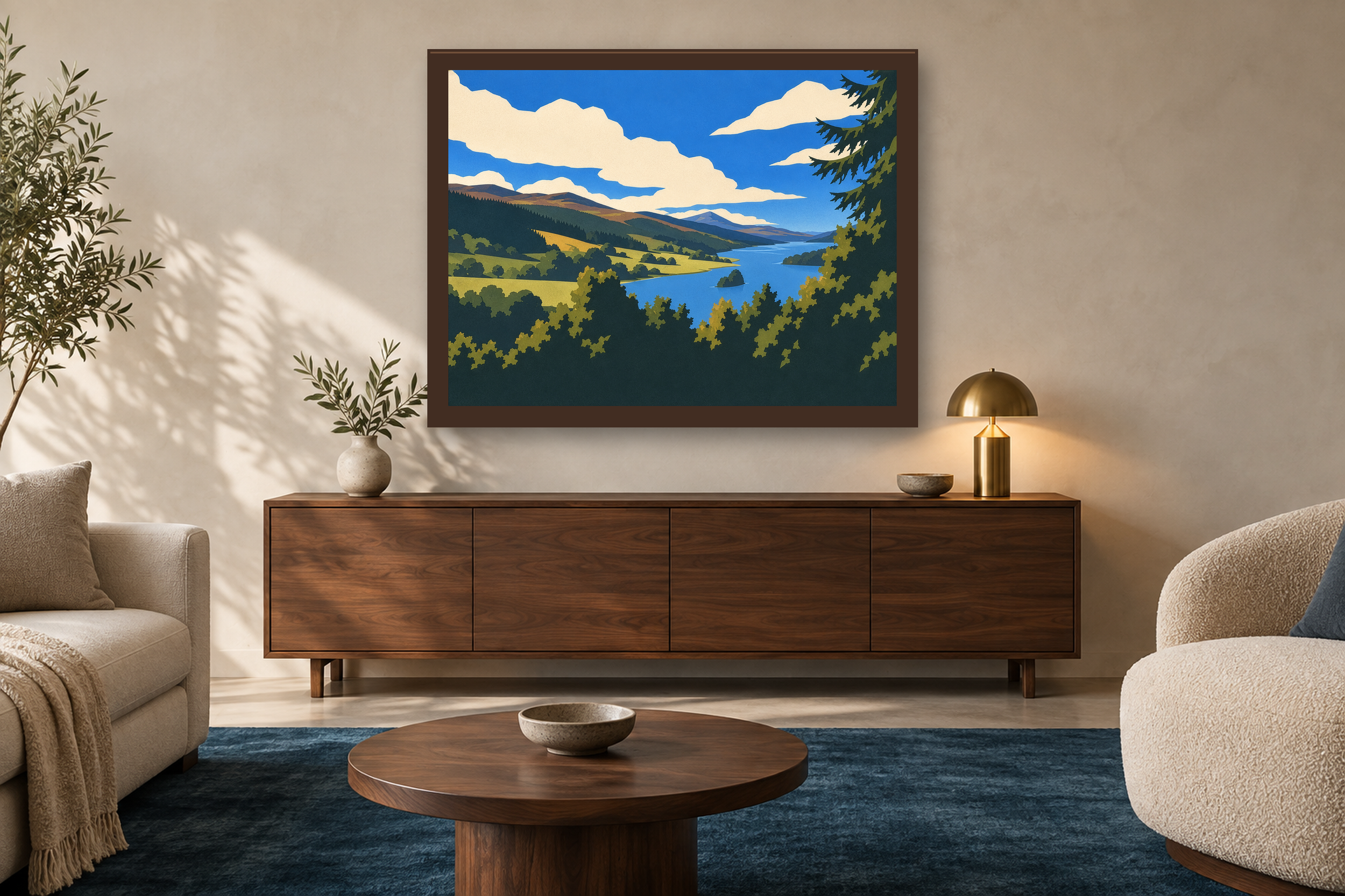 The Long Water in the lithographic style, framed above a walnut credenza in a sunlit neutral living room.