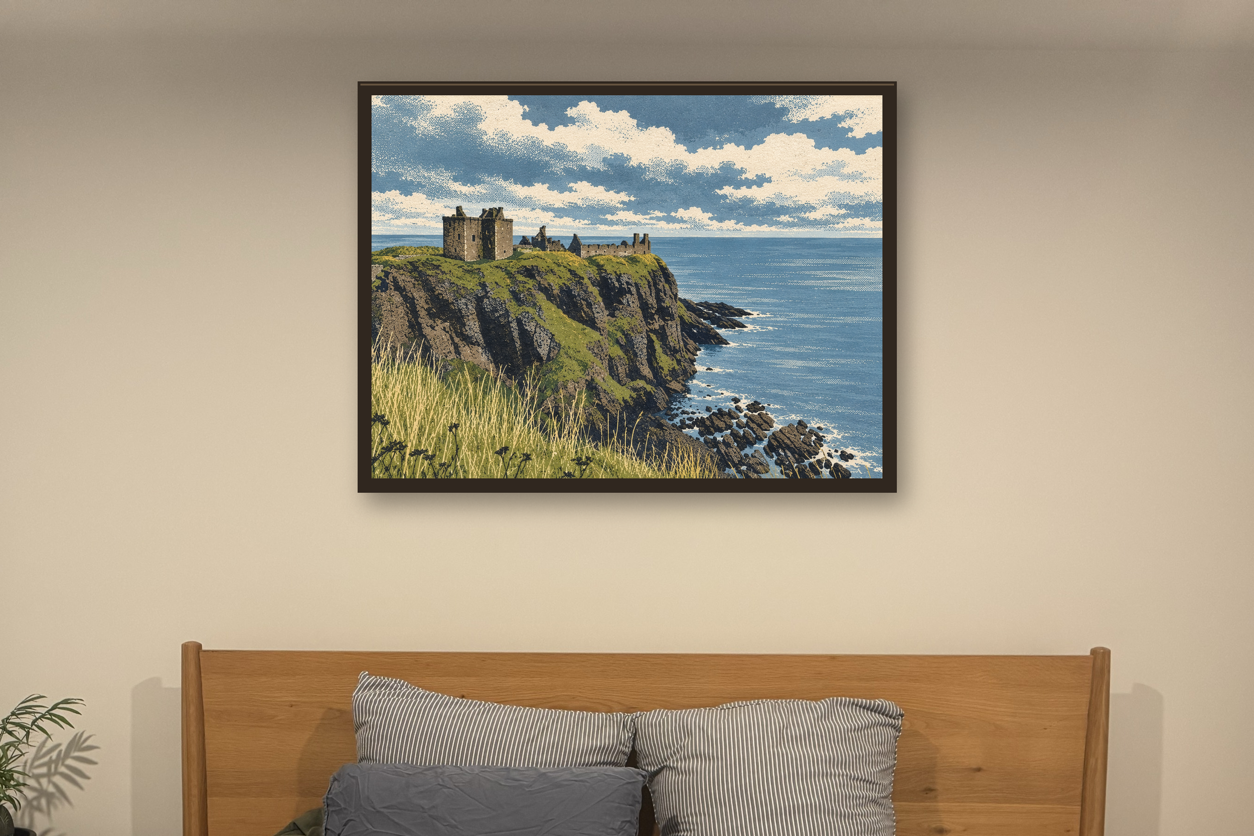 The Keep Above the Sea in the screenprint style, shown in a slim dark timber frame against a softly lit bedroom wall.