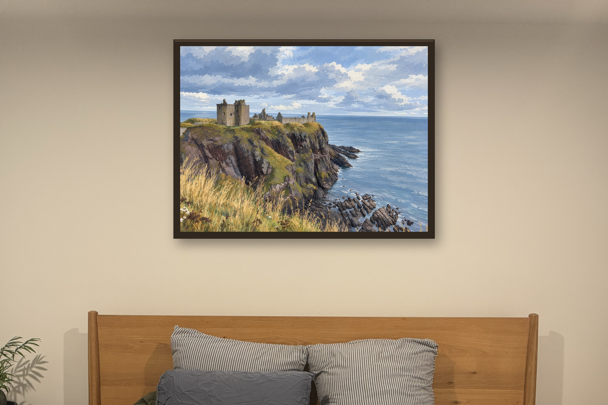 The Keep Above the Sea in the gouache style, shown in a slim dark timber frame against a softly lit bedroom wall.